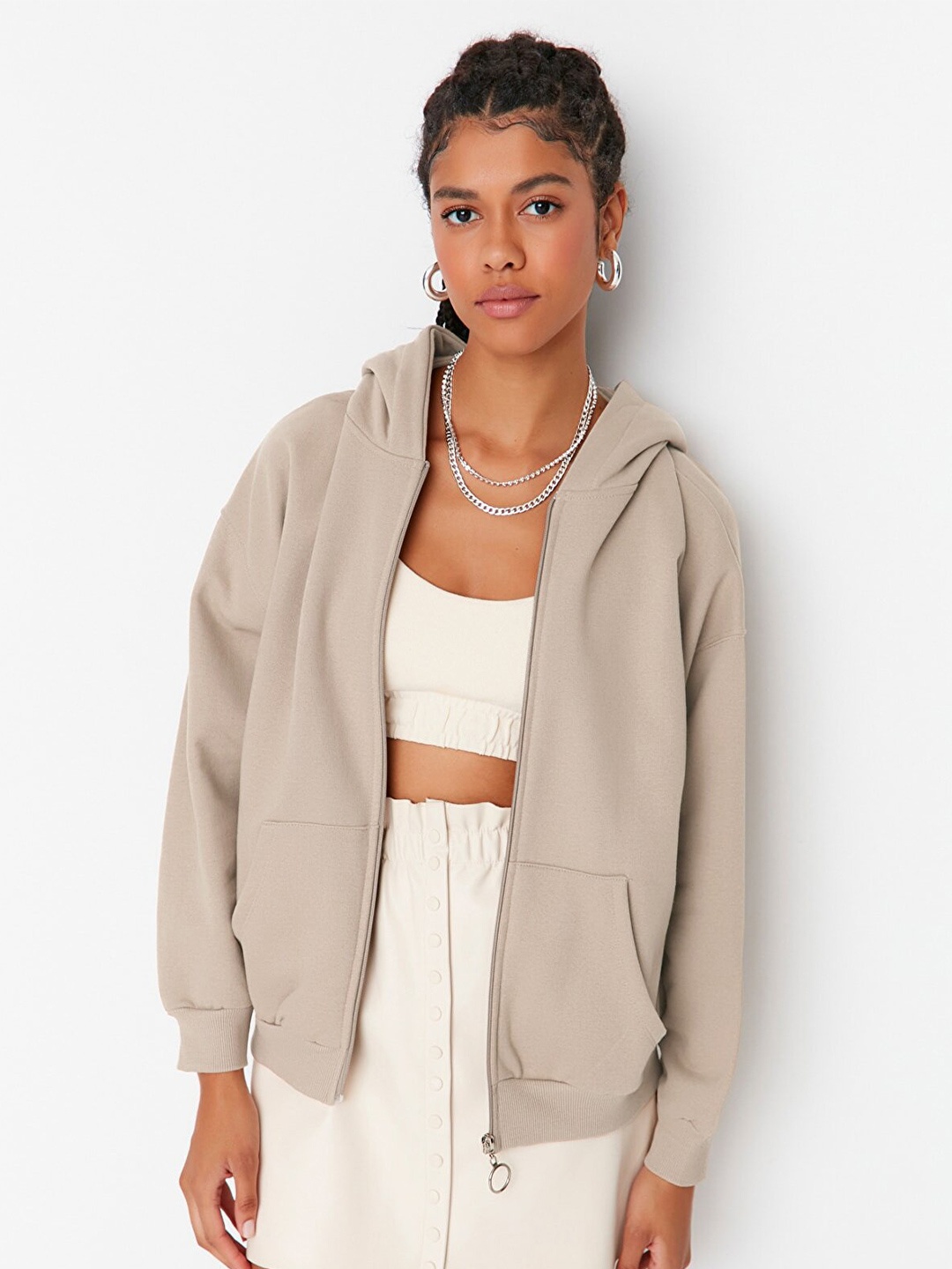 

Trendyol Hooded Long Sleeves Front-Open Sweatshirt, Beige