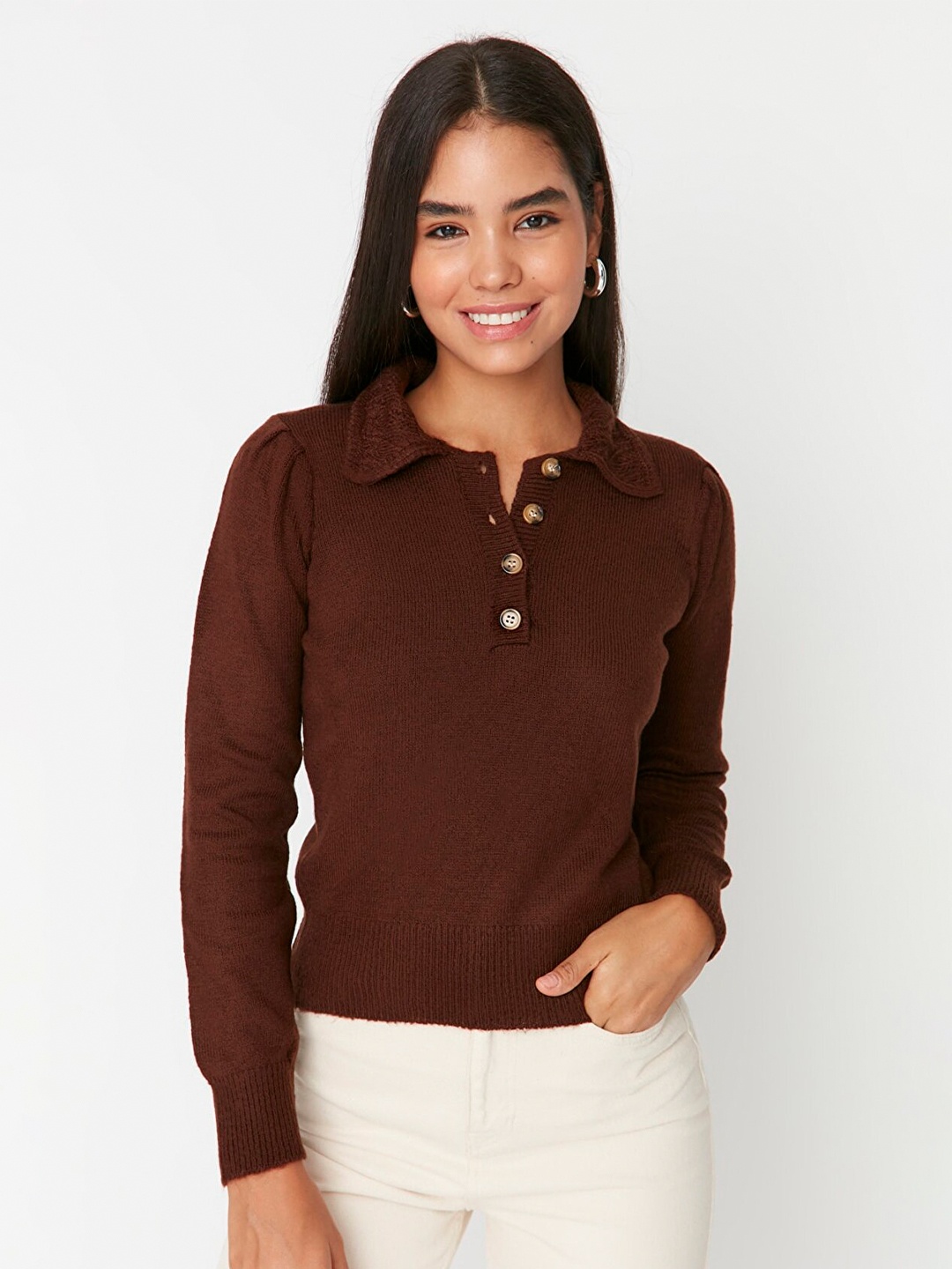 

Trendyol Kahverengi Shirt Collar Long Sleeves Top, Brown