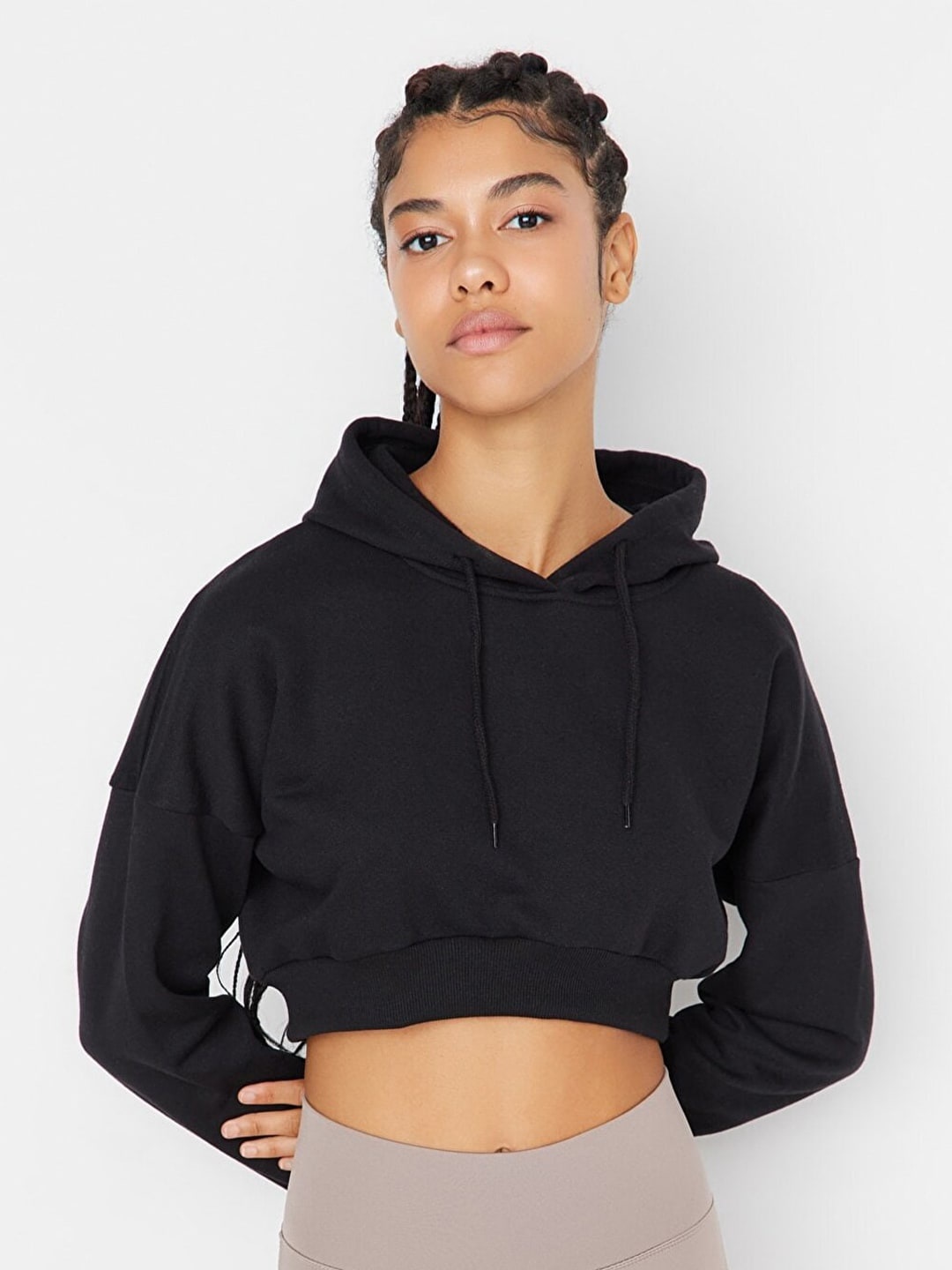 

Trendyol Cotton Hooded Puff Sleeves Crop Top, Black