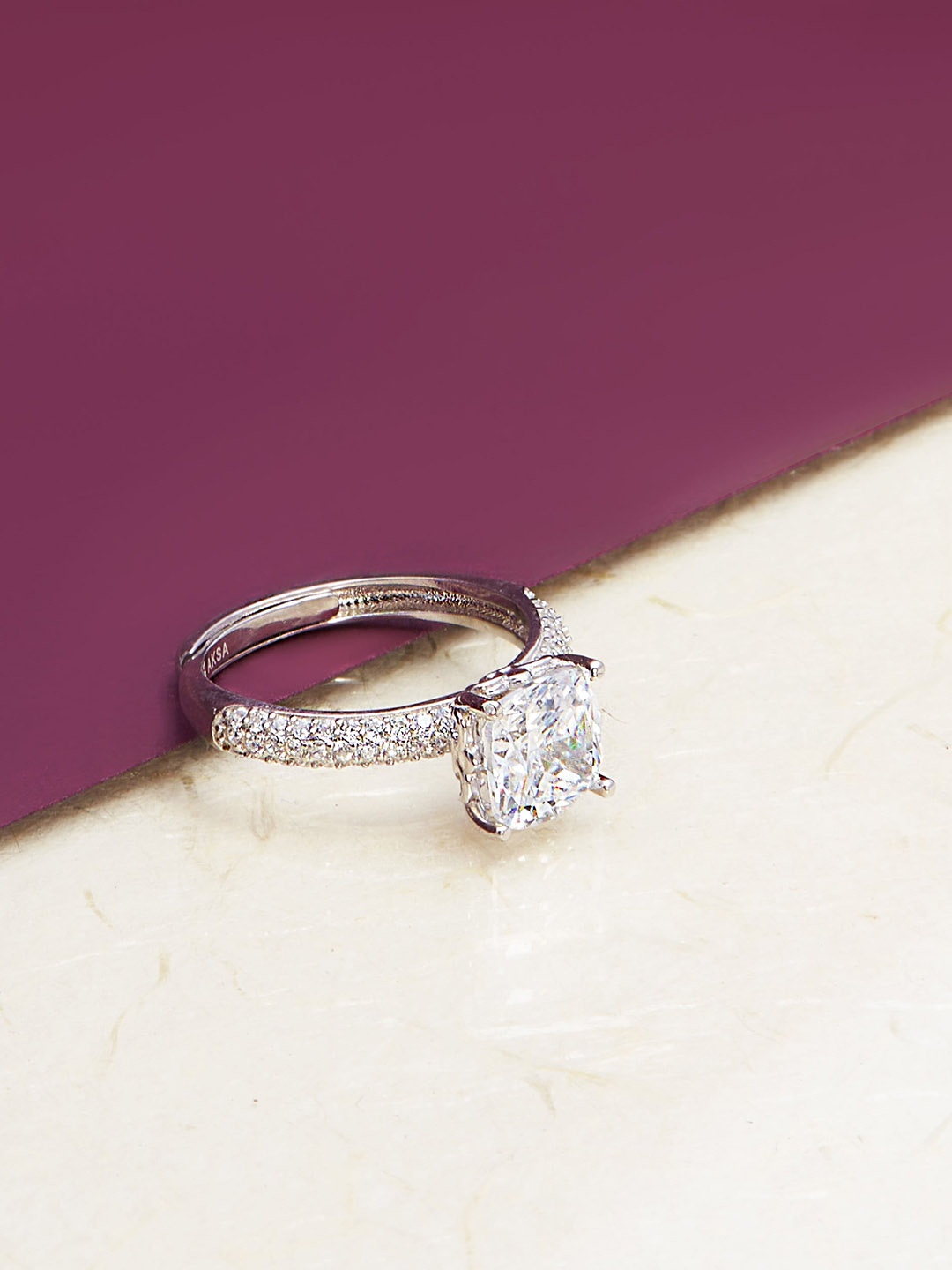

AKSA Rhodium-Plated CZ Studded Adjustable Finger Ring, Silver
