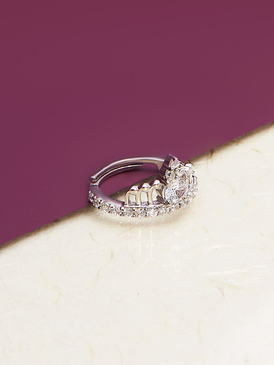 

AKSA Silver-Plated Crown-Shaped Cubic Zirconia Studded Adjustable Ring