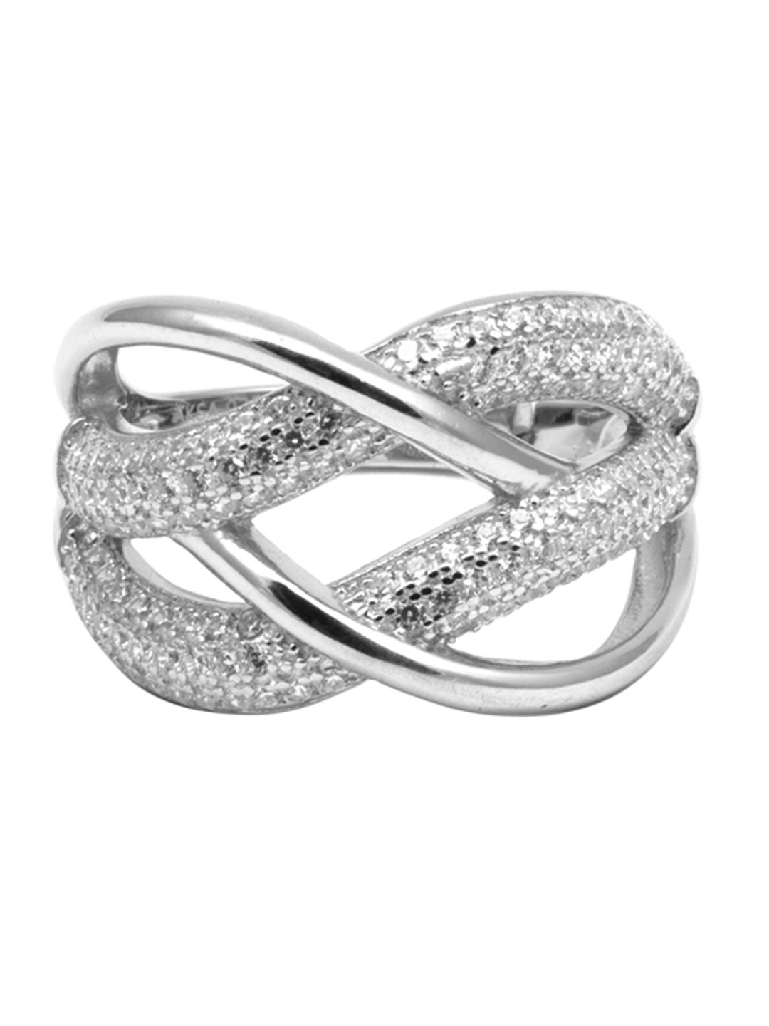 

AKSA Rhodium-Plated Cubic Zirconia Studded Loop Silver Adjustable Finger Ring
