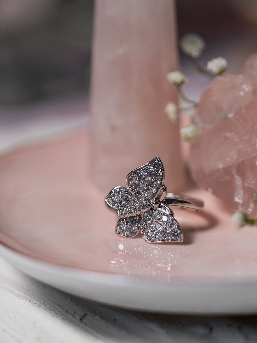 

AKSA Women Rhodium-Plated Adjustable Butterfly Finger Ring, Silver