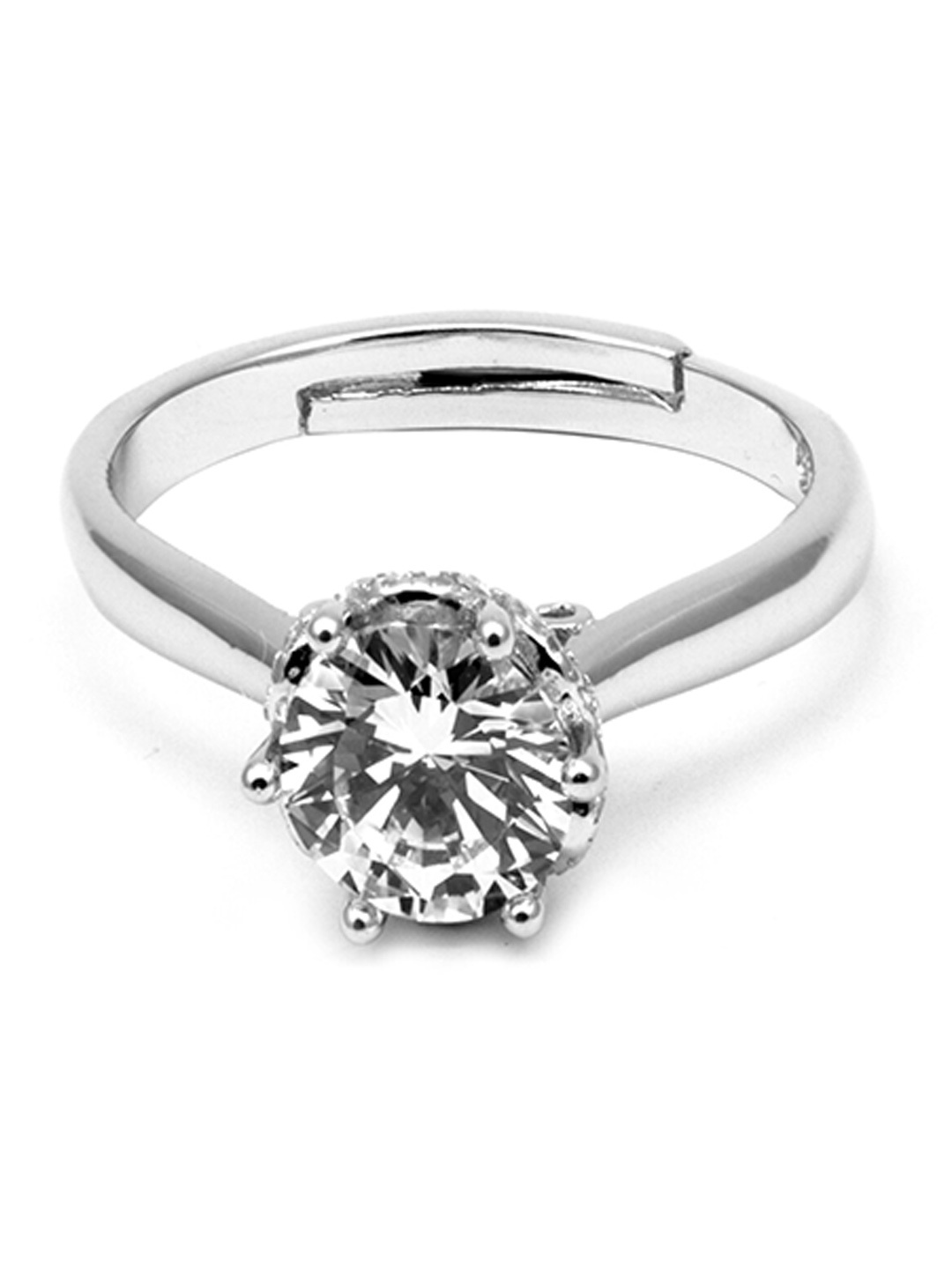 

AKSA Rhodium-Plated Silver CZ Studded Adjustable Finger Ring