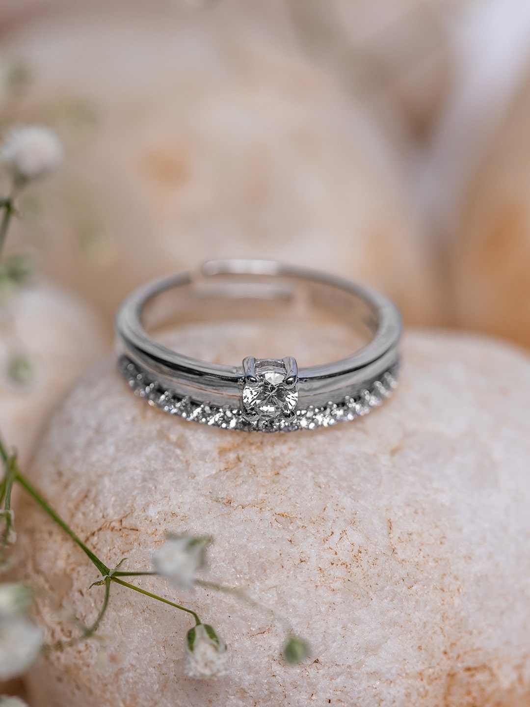 

AKSA Rhodium-Plated CZ Studded Adjustable Finger Ring, Silver