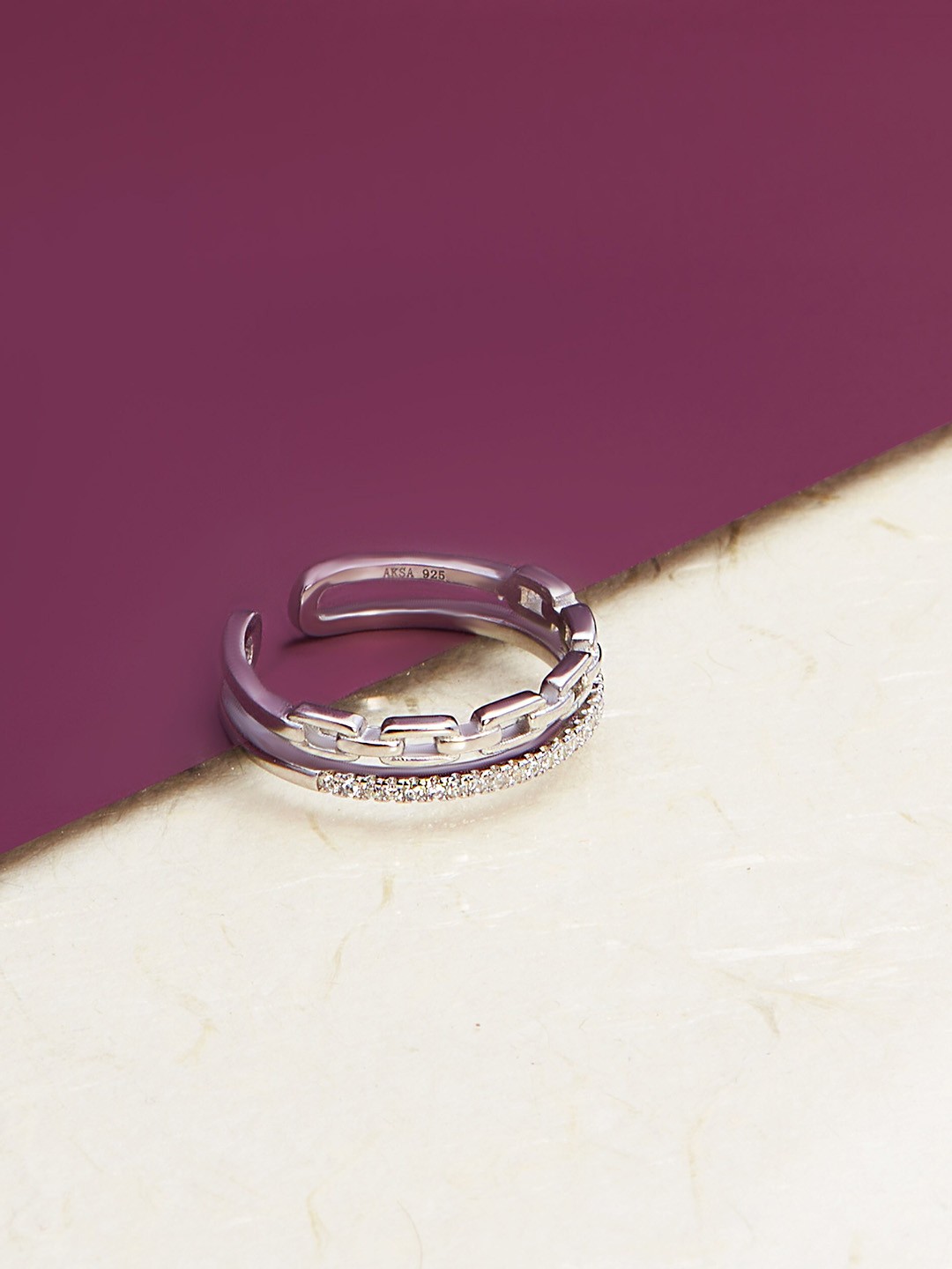 

AKSA Rhodium-Plated CZ Studded Dual layer Looped Adjustable Finger Ring, Silver