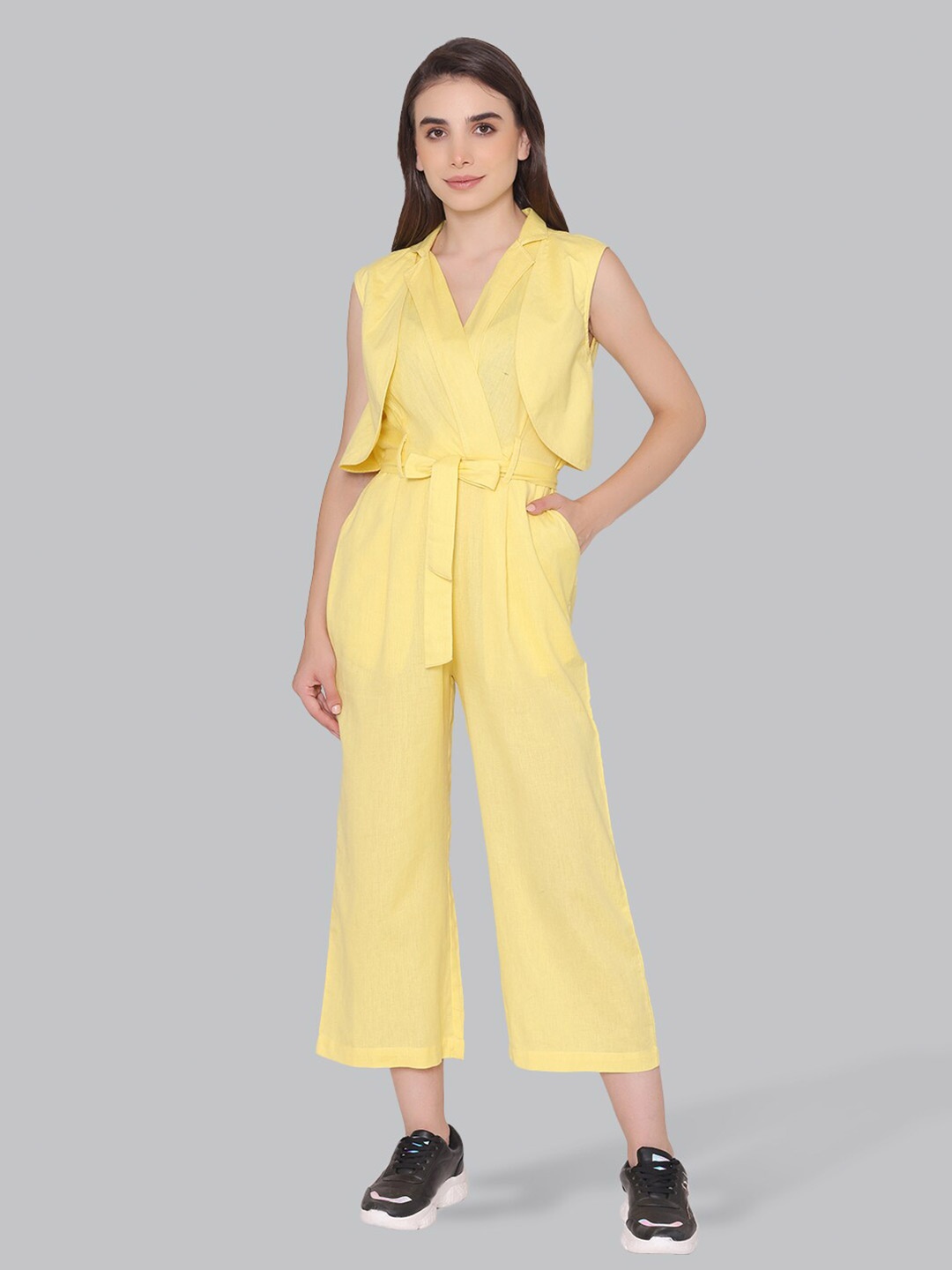 

CUFFS N LASHES Waist Tie-Up Cotton Basic Jumpsuit, Yellow