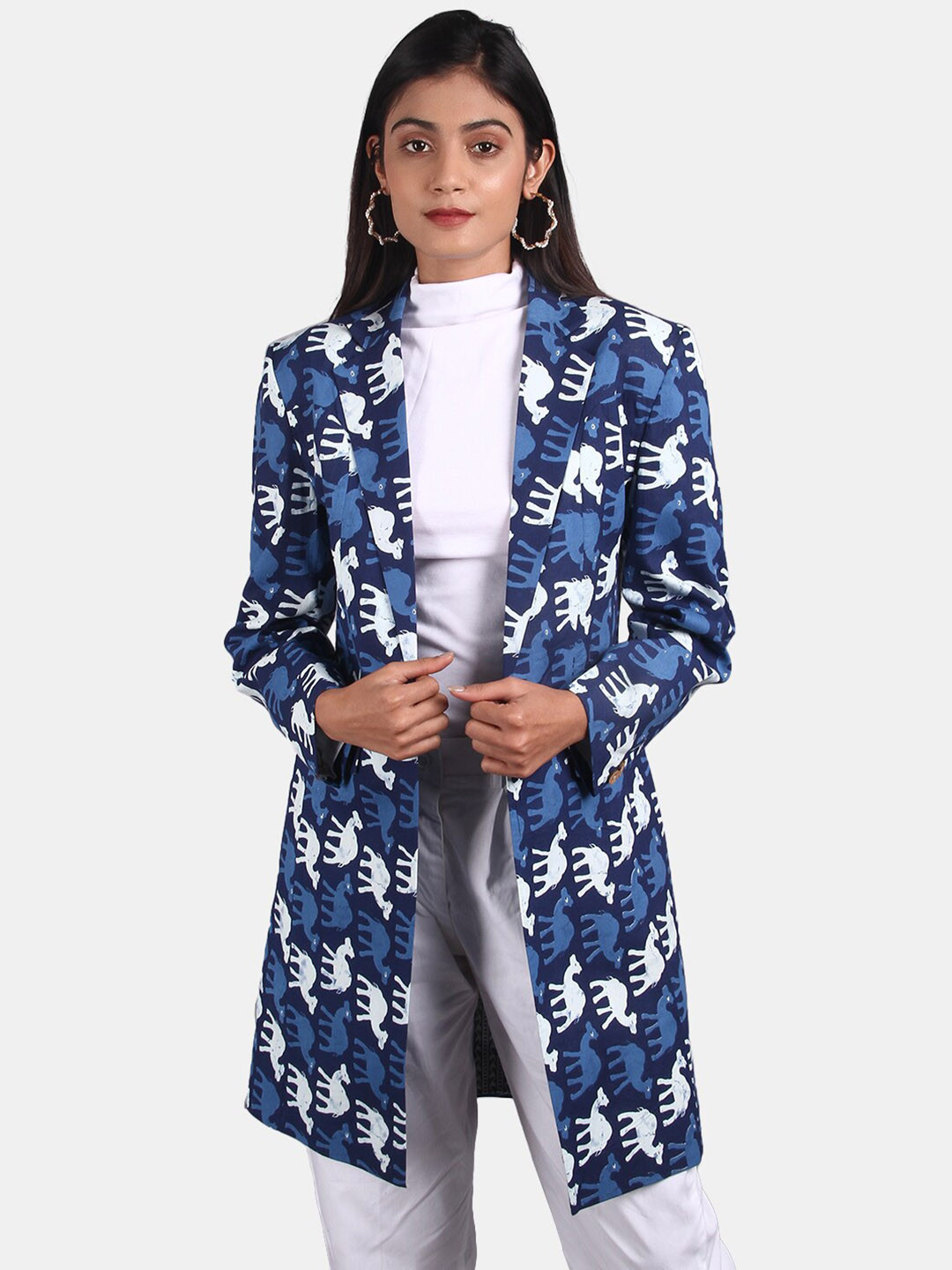 

INDOPHILIA Long Printed Cotton Single Breasted Blazer, Blue