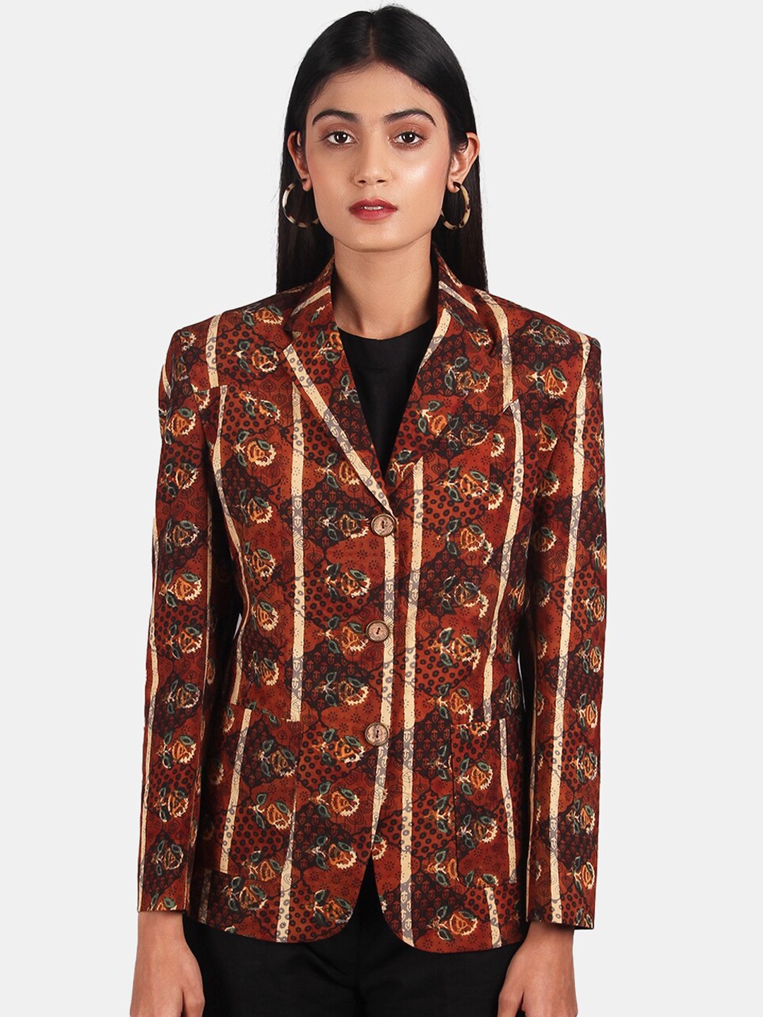 

INDOPHILIA Printed Cotton Single-Breasted Casual Blazer, Brown