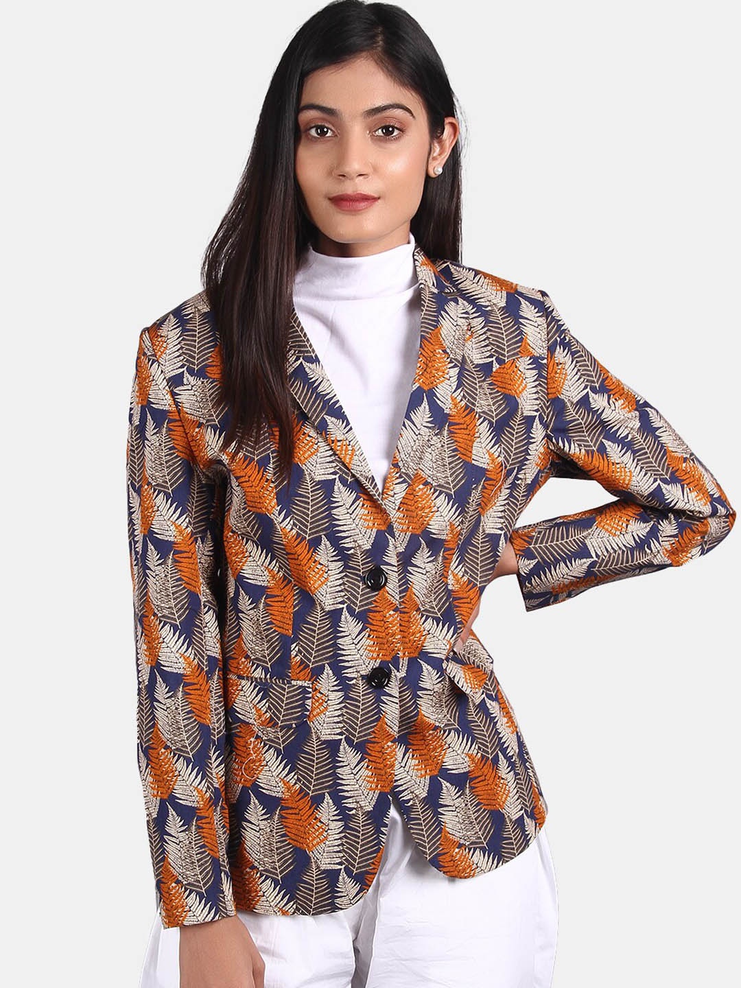 

INDOPHILIA Printed Pure Cotton Single-Breasted Casual Blazer, Blue