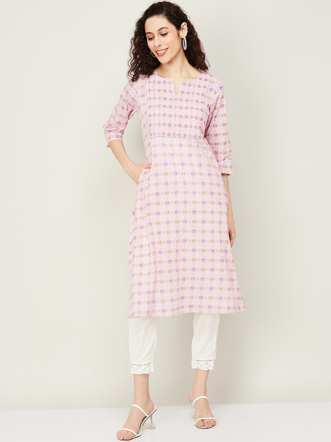 

Melange by Lifestyle Geometric Printed Notched Neck Sequinned Kurta, Pink