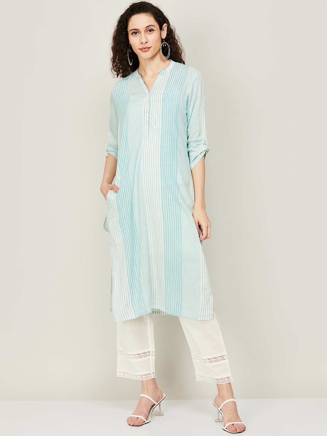 

Melange by Lifestyle Striped Band Collar Straight Kurta, Blue