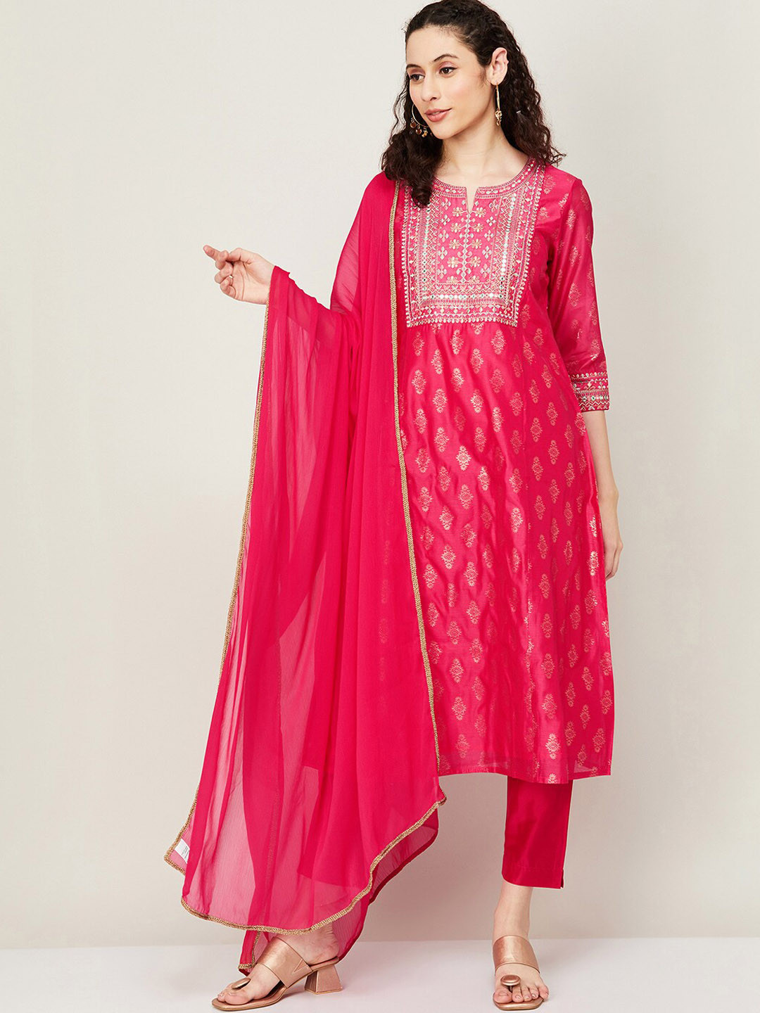 

Melange by Lifestyle Ethnic Motifs Woven Design Mirror Work Kurta with Trousers & Dupatta, Pink