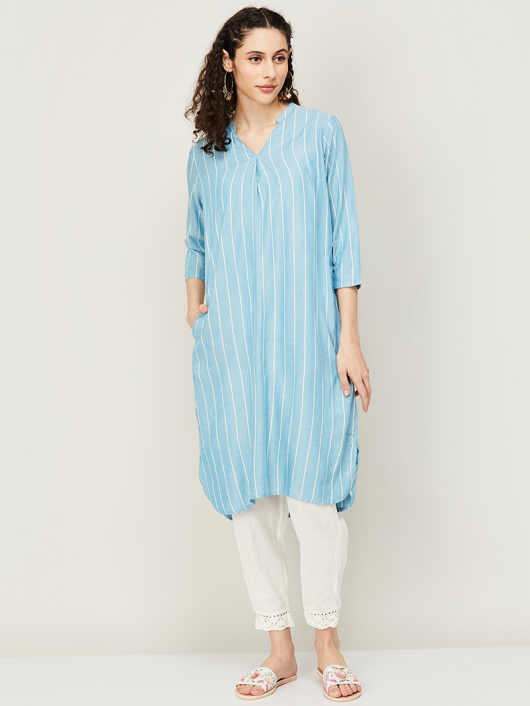 

Melange by Lifestyle Striped Band Collar Straight Kurta, Turquoise blue