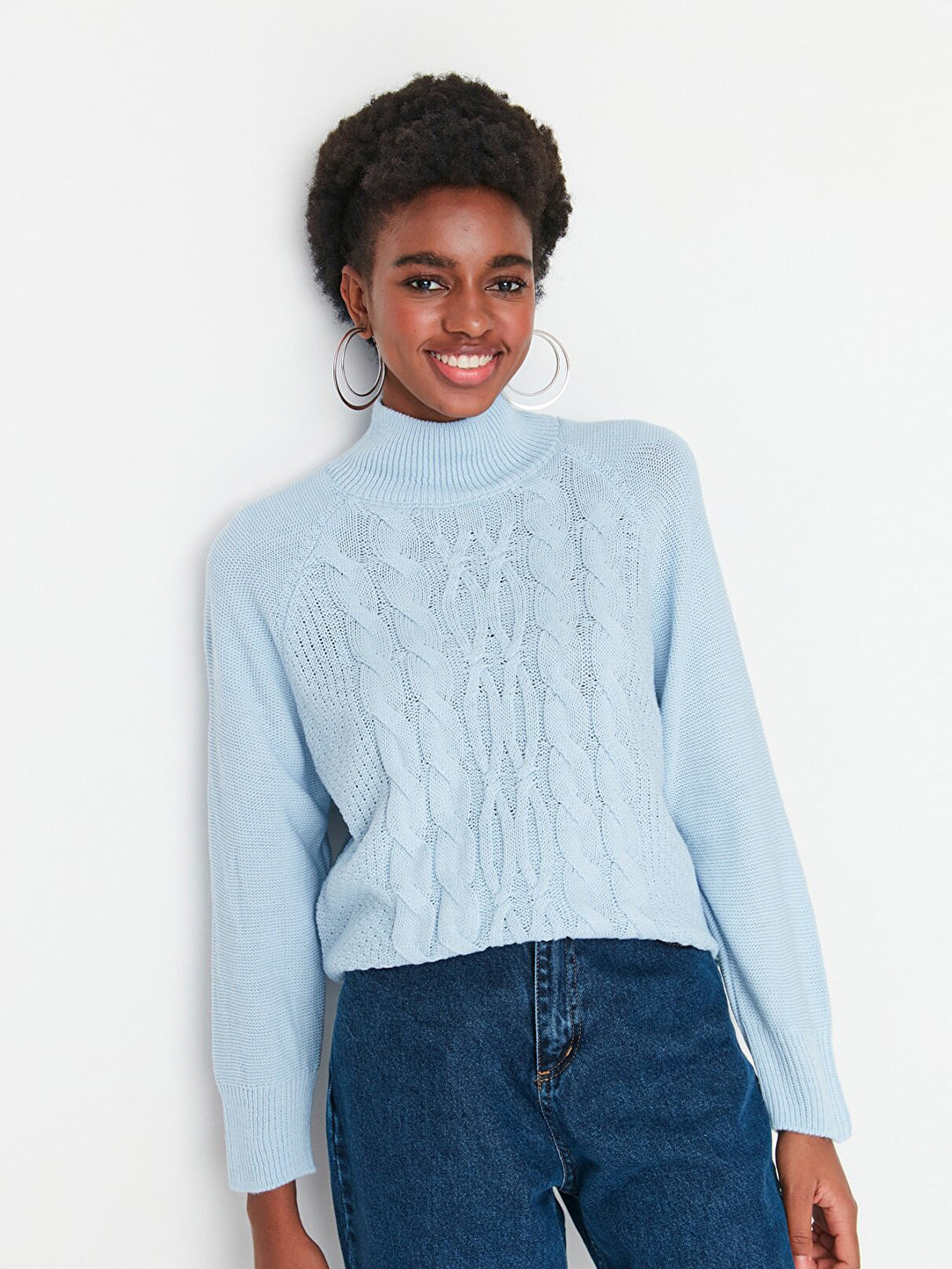 

Trendyol Self Design High Neck Long Raglan Sleeves Knitted Top, Blue