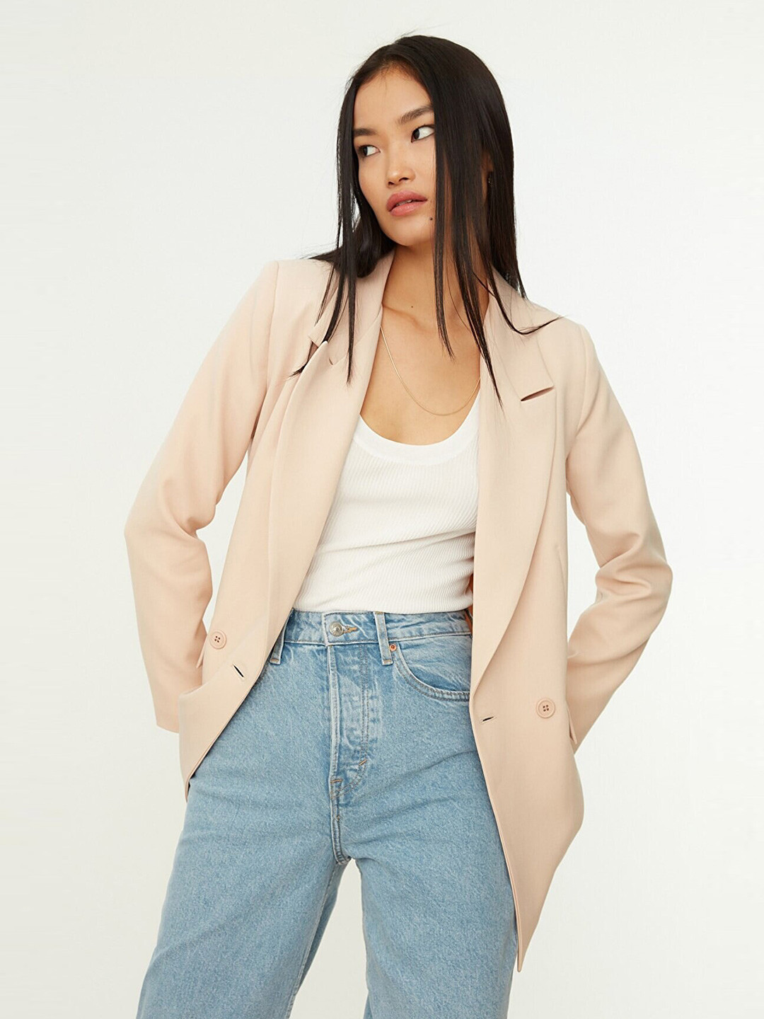 

Trendyol Notched Lapel Long Sleeves Double-Breasted Blazer, Beige