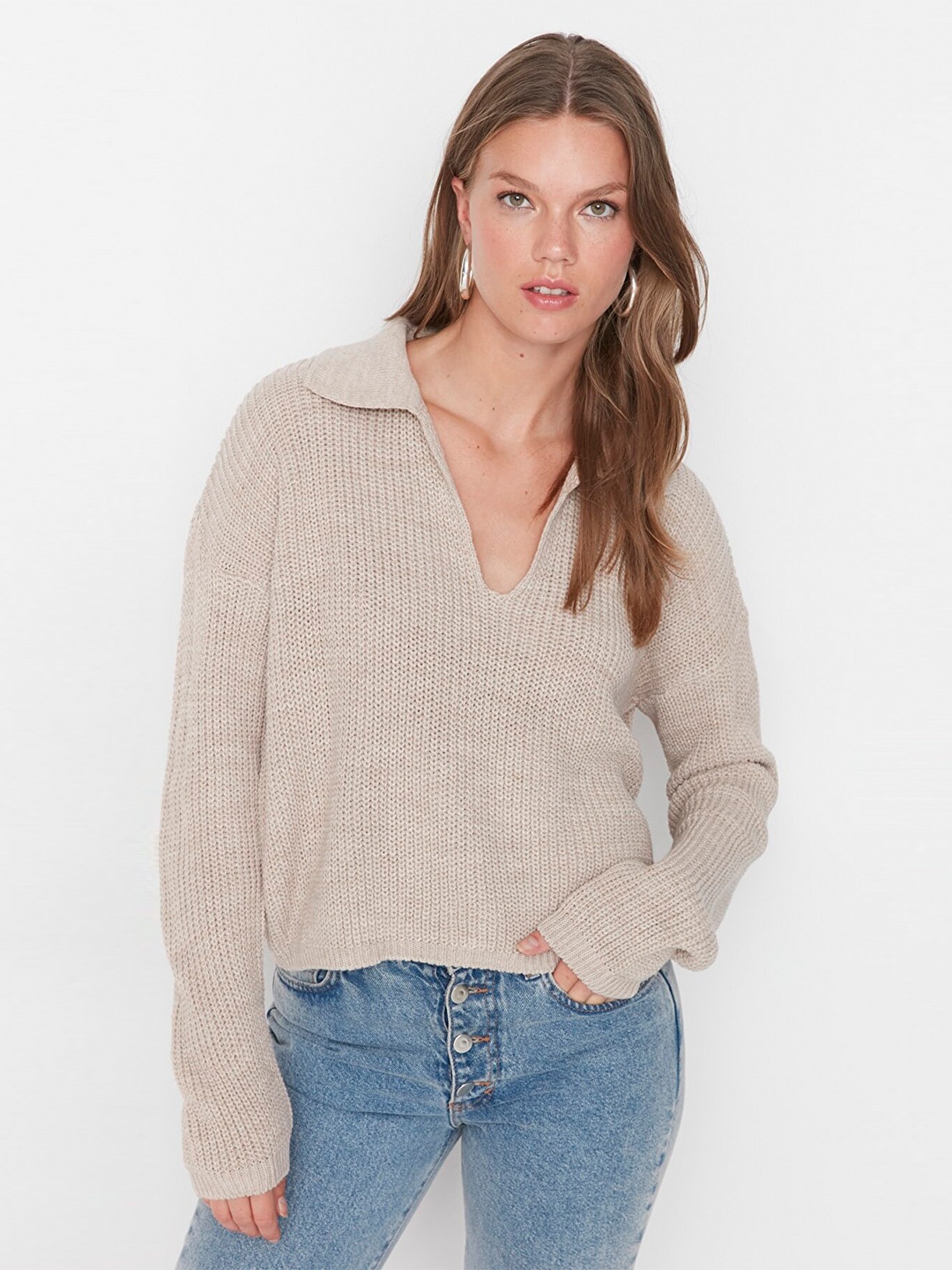 

Trendyol Self Design V-Neck Long Sleeves Top, Beige