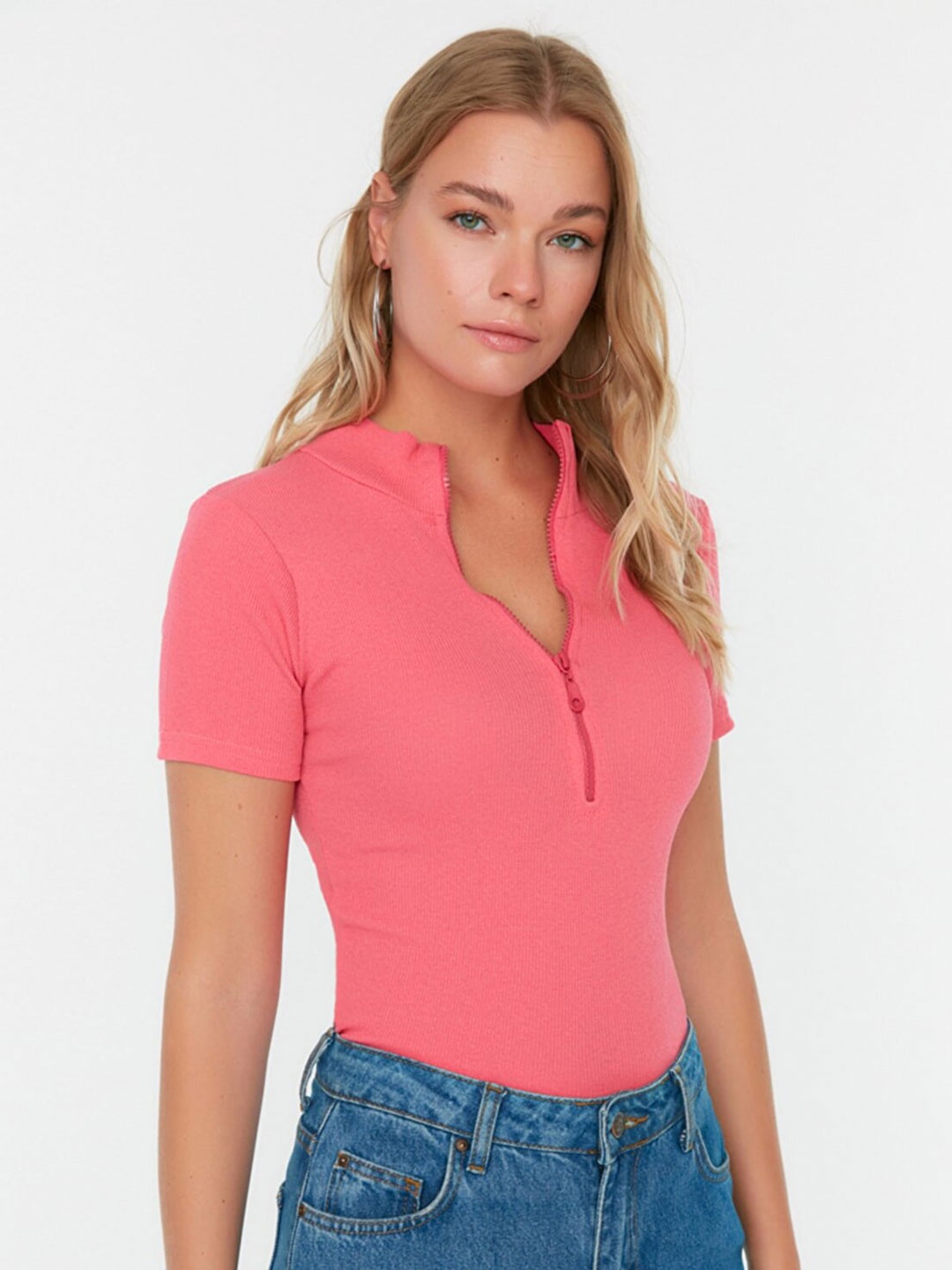 

Trendyol High Neck Short Sleeves Knitted Top, Pink