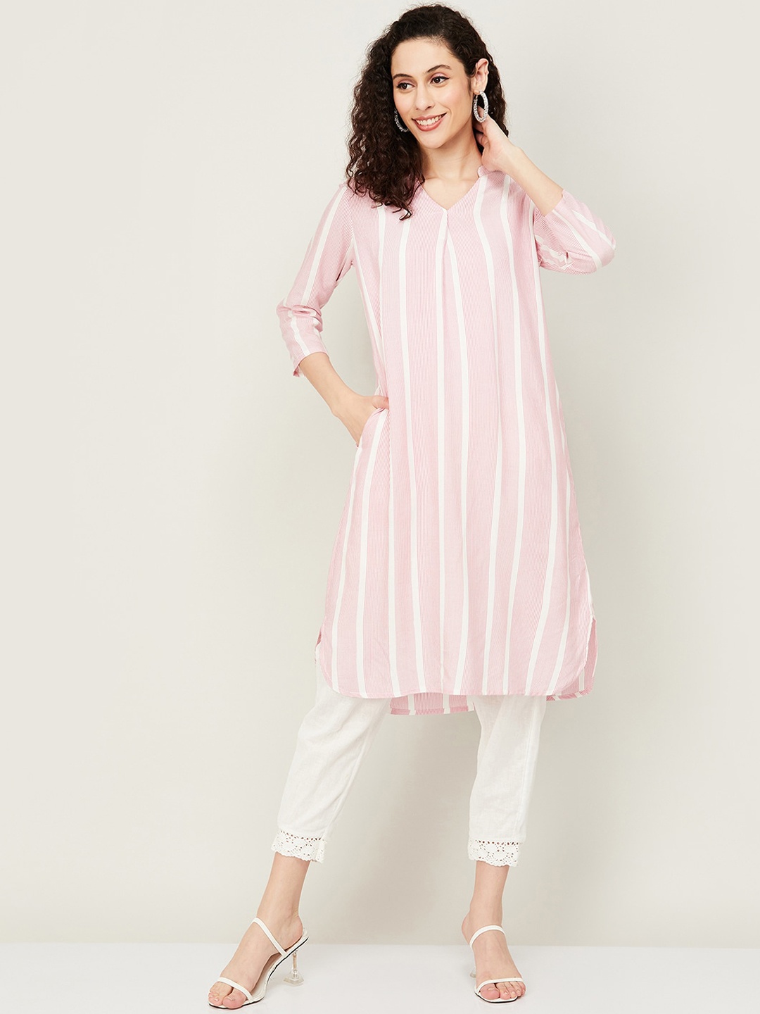

Melange by Lifestyle Striped Band Collar Pure Cotton Straight Kurta, Pink