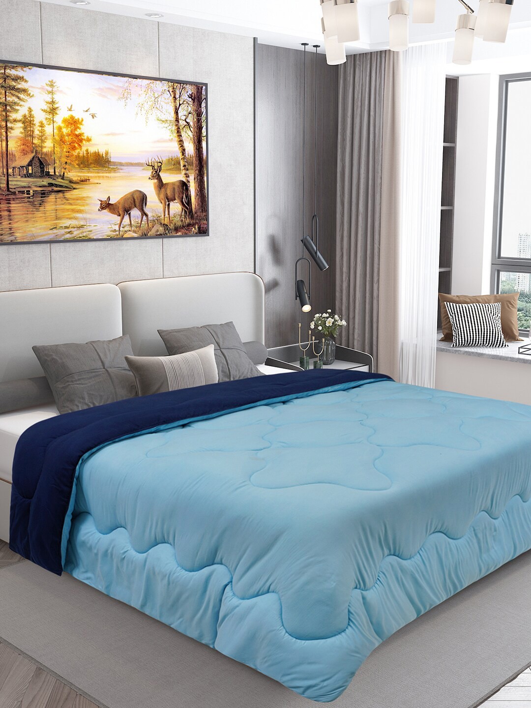 

DREAM CARE Navy Blue & Blue Microfiber Reversible AC Room 450 GSM Single Bed Comforter