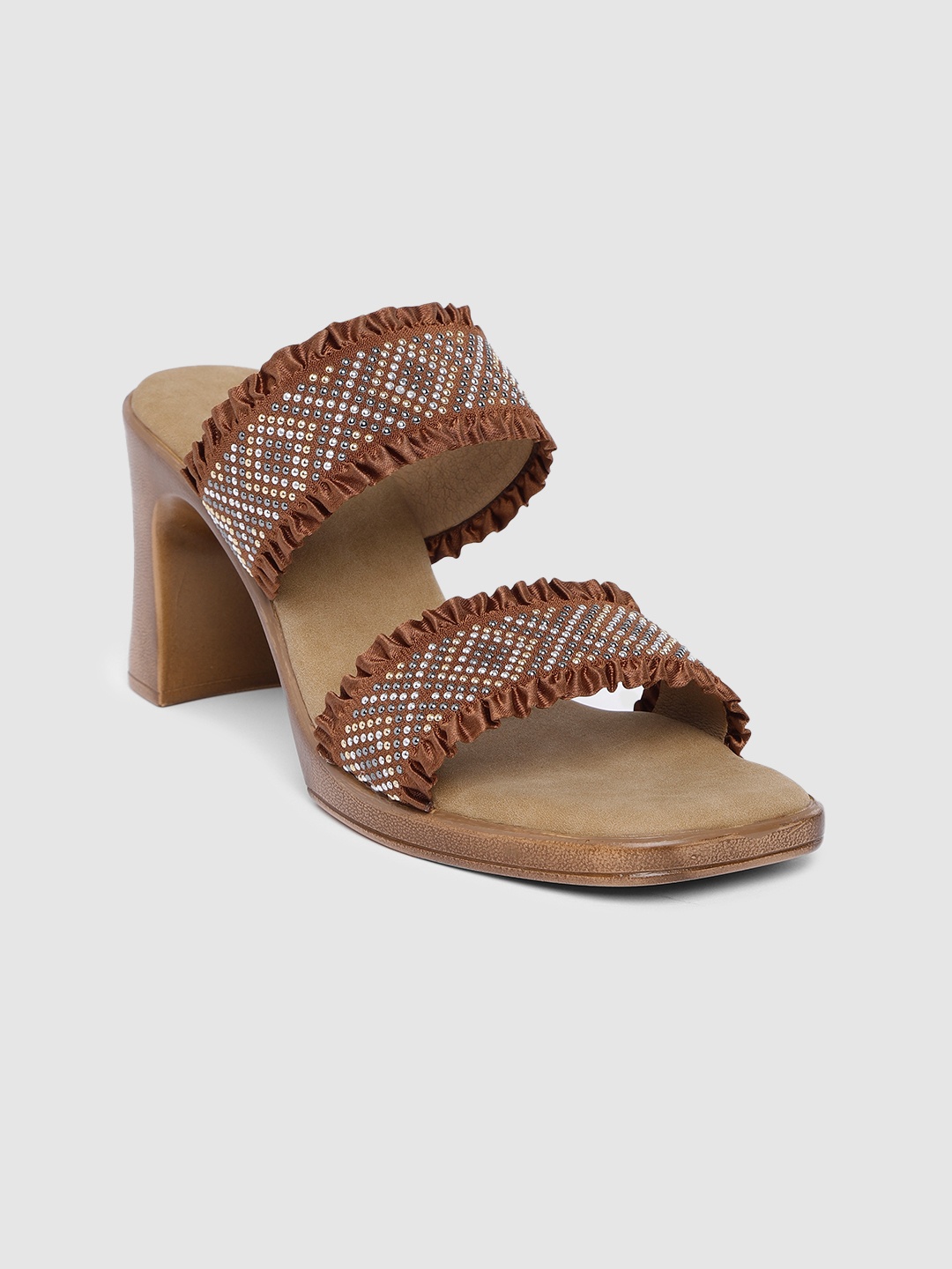 

Inc 5 Women Ethnic Embellished Block Sandals With Ruffles Detail, Brown