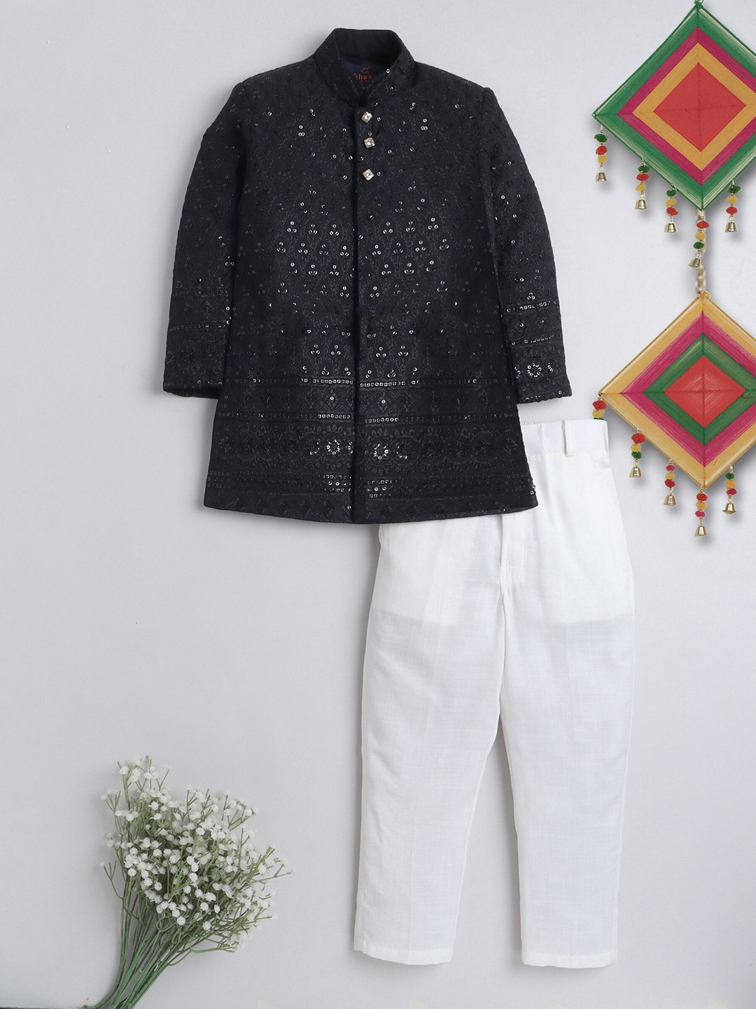 

ahhaaaa Boys Embroidered Indo-Western Sherwani, Black