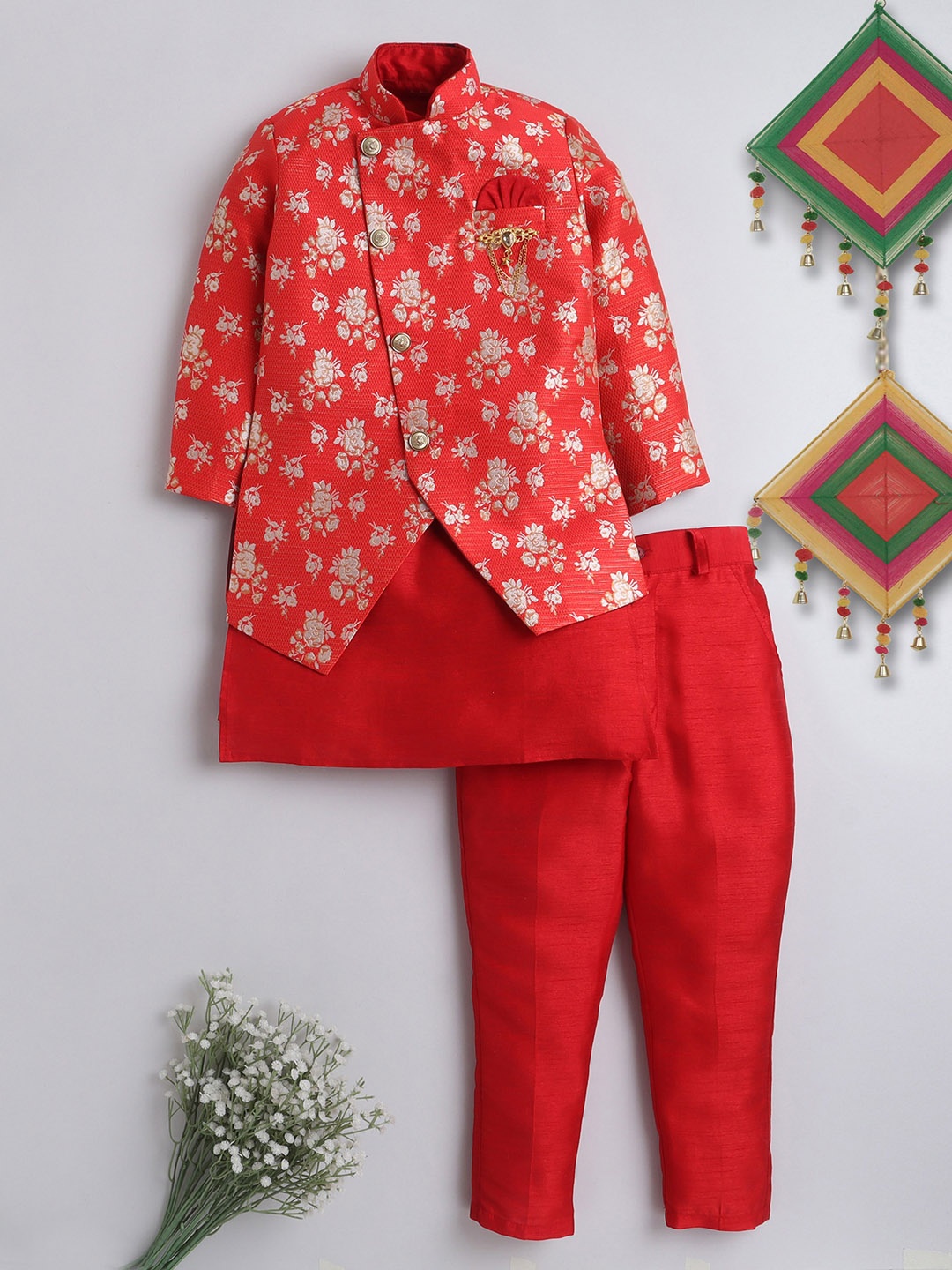 

ahhaaaa Boy Self Designed Sherwani Set, Red