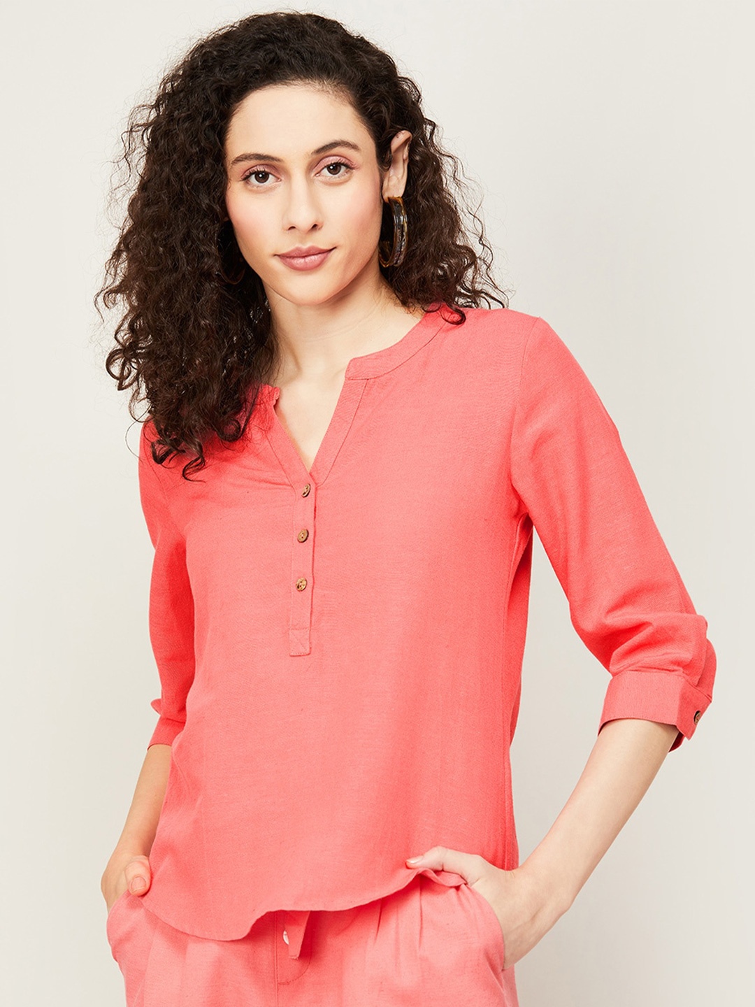 

CODE by Lifestyle Notched neckline Cuff Sleeves Shirt Style Top, Orange