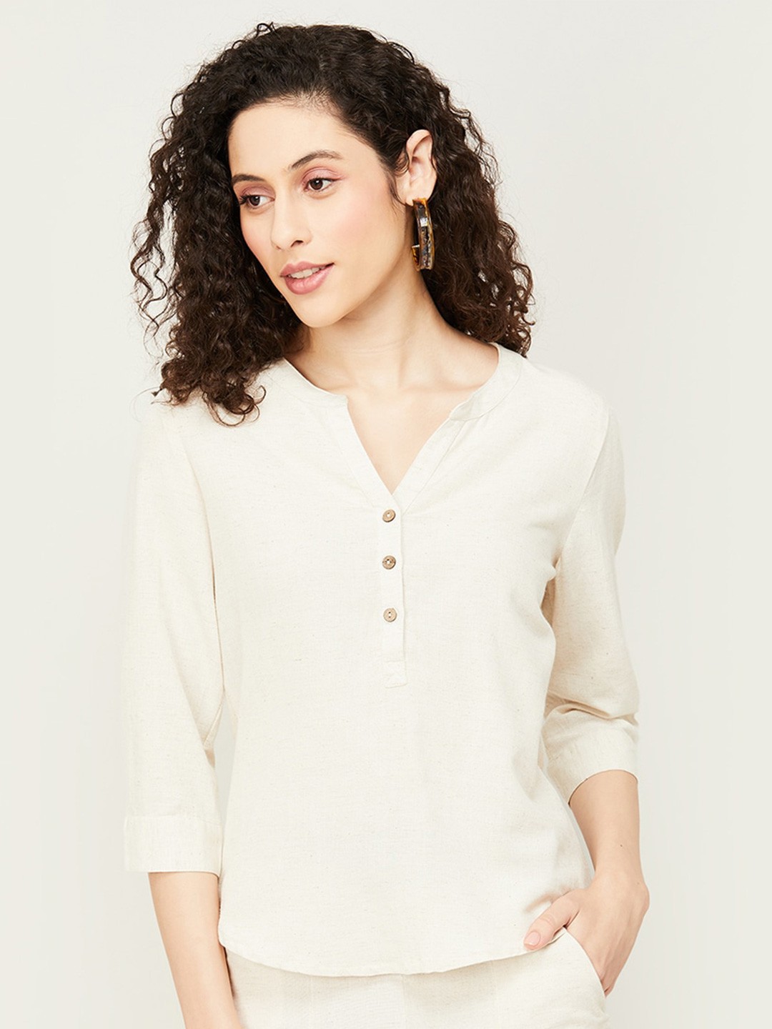 

CODE by Lifestyle Mandarin Collar Cuffed Sleeves Shirt Style Top, Beige