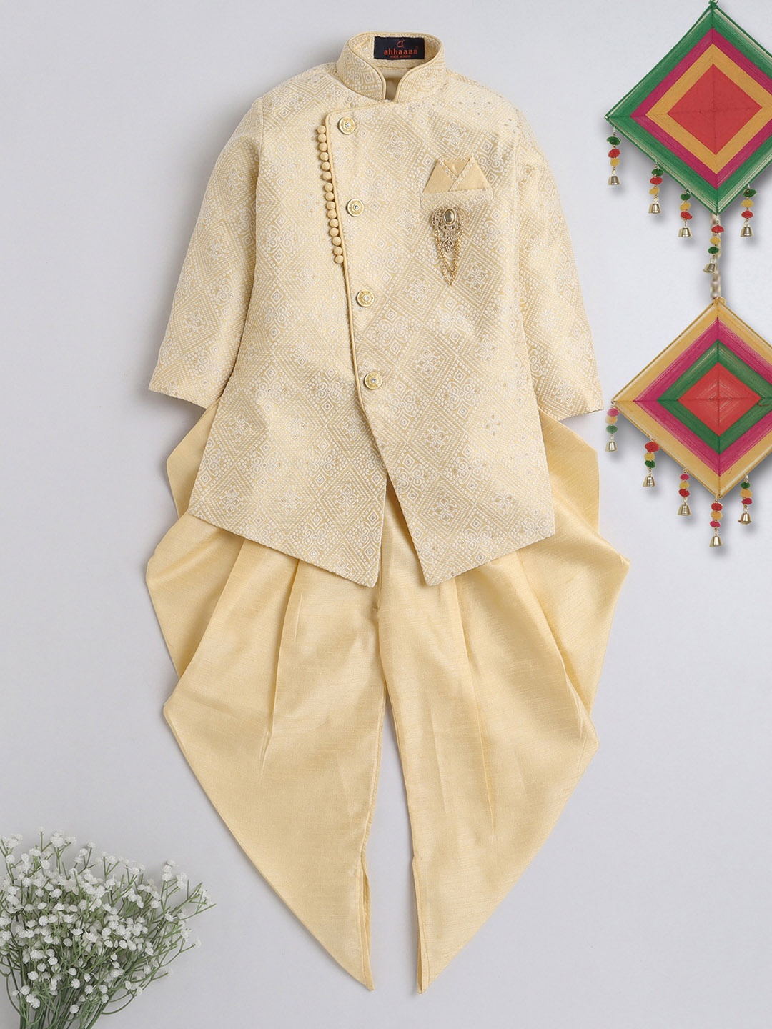 

ahhaaaa Boys Woven Design Indo-Western Sherwani Set, Gold