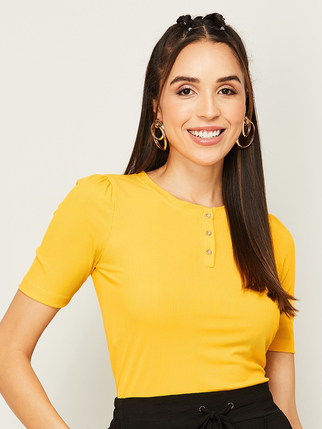 

Fame Forever by Lifestyle Round Neck Puff Sleeves Top, Yellow