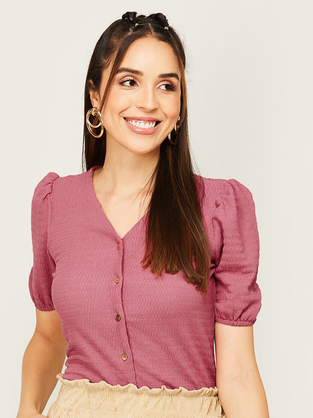 

Fame Forever by Lifestyle V-Neck Puff Sleeves Shirt Style Top, Pink