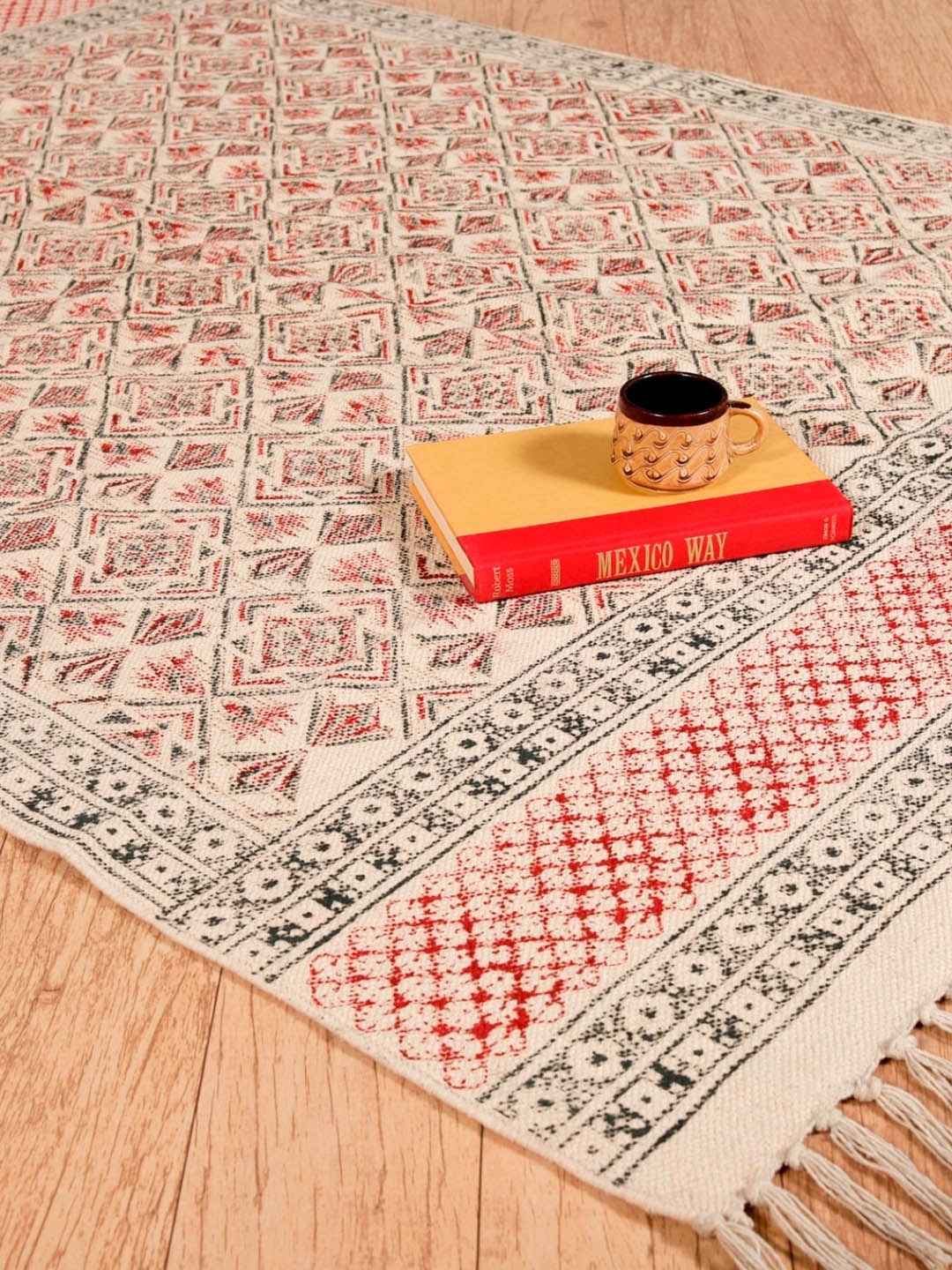 

HANDICRAFT PALACE Red & Black Hand Block Printed Cotton Carpet, Beige
