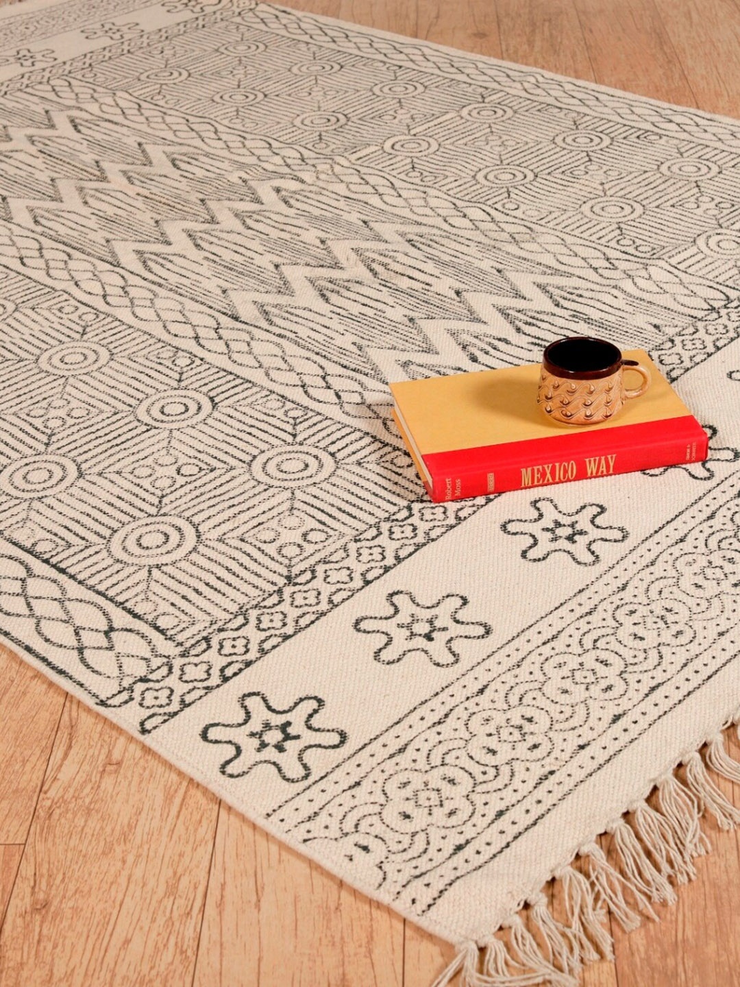 

HANDICRAFT PALACE Beige & Green Hand Block Printed Cotton Carpet