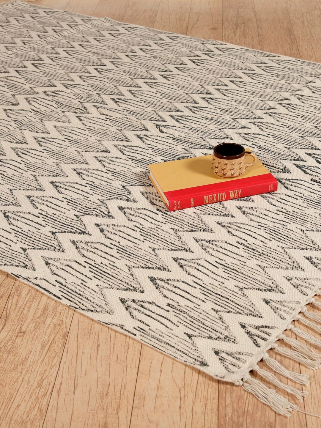 

HANDICRAFT PALACE Beige & Black Hand Block Printed Cotton Carpet