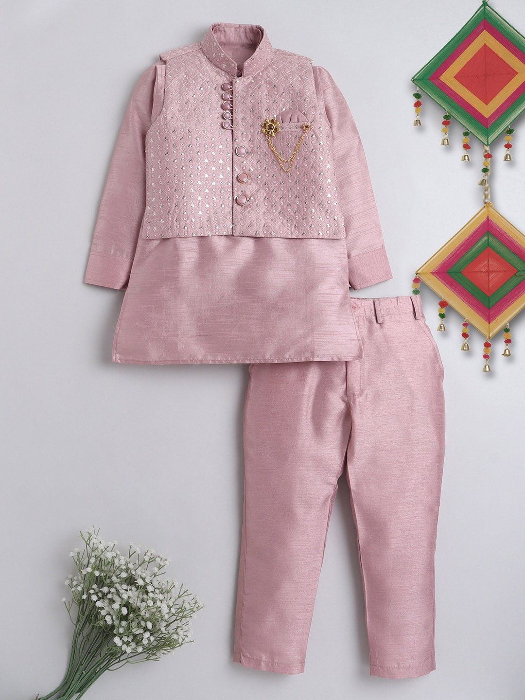 

ahhaaaa Boys Straight Kurta with Trousers & Nehru Jacket, Pink