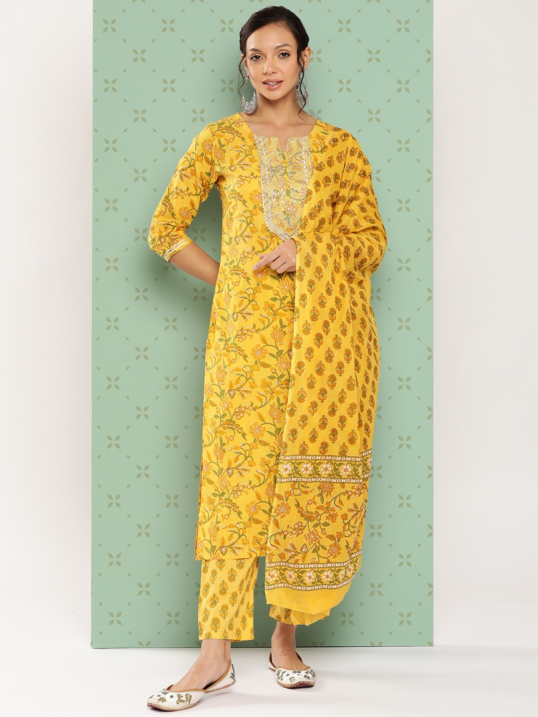 

Yufta Floral Embroidered Regular Gotta Patti Pure Cotton Kurta With Trousers & Dupatta, Yellow