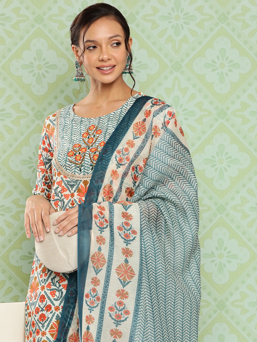 

Yufta Ethnic Motifs Embroidered Thread Work Pure Cotton Kurta With Trousers & Dupatta, Teal