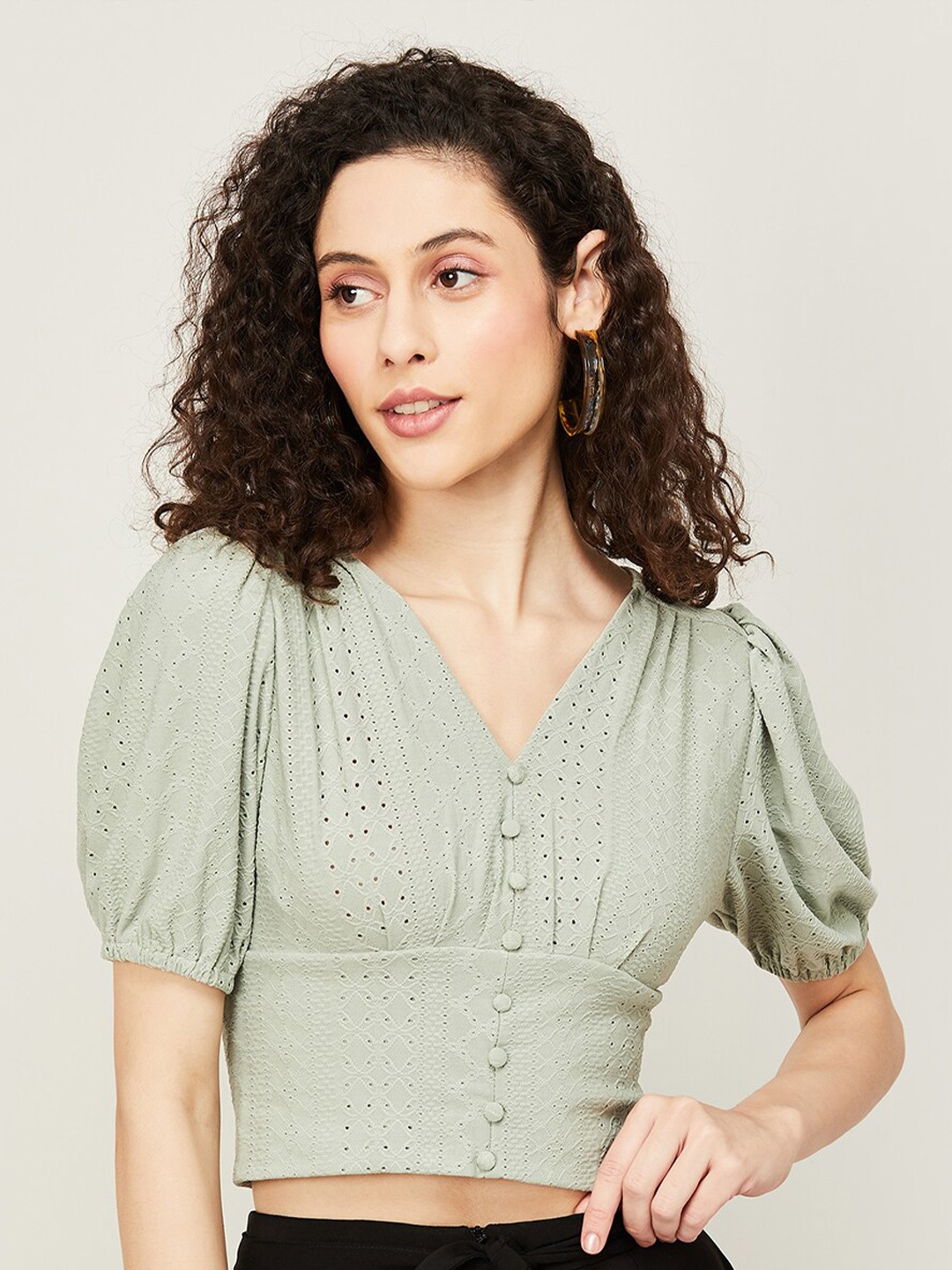

Ginger by Lifestyle Grey Self Design Puff Sleeve Blouson Crop Top, Green