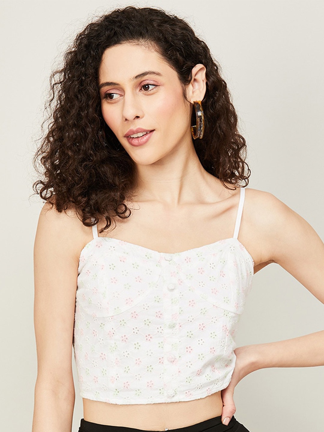 

Ginger by Lifestyle Self Design Smocked Cotton Crop Top, White