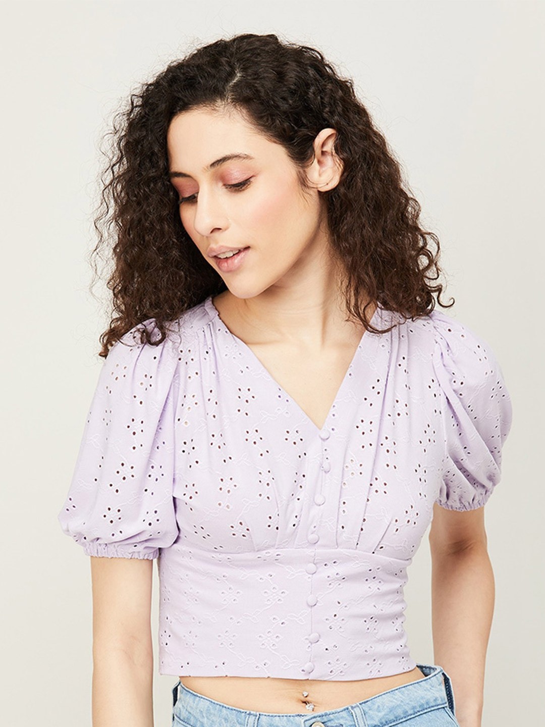 

Ginger by Lifestyle Self Design Puff Sleeve Blouson Crop Top, Lavender