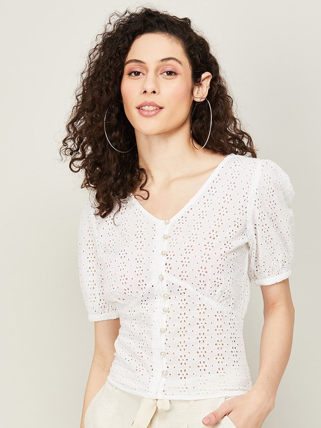 

Fame Forever by Lifestyle Self Design Puff Sleeve Smocking Cotton Top, White