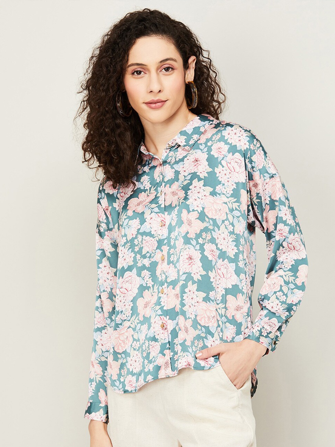 

CODE by Lifestyle Floral Print Shirt Collar Cuffed Sleeves Shirt Style Top, Blue