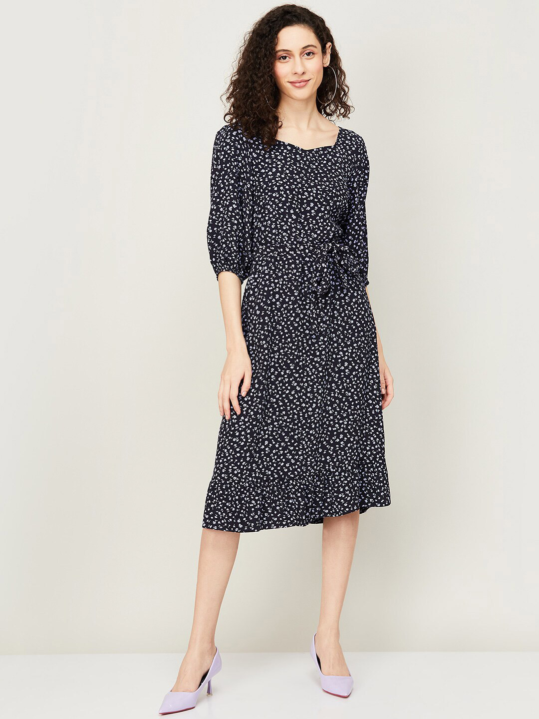

CODE by Lifestyle Floral Print Puff Sleeve A-Line Midi Dress, Blue