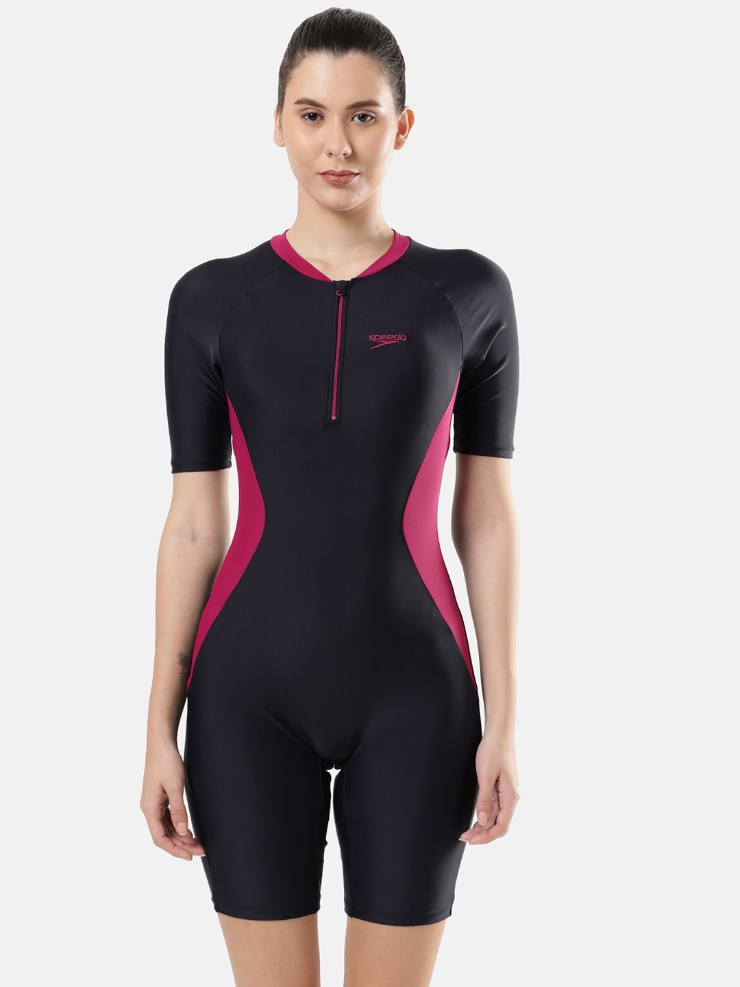 

Speedo Round Neck Short Sleeves Essential Panel Detail Legsuit, Navy blue