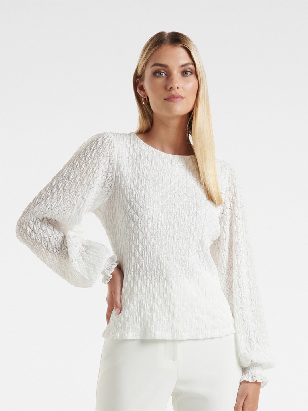

Forever New Self Design Round Neck Puff Sleeves Top, White