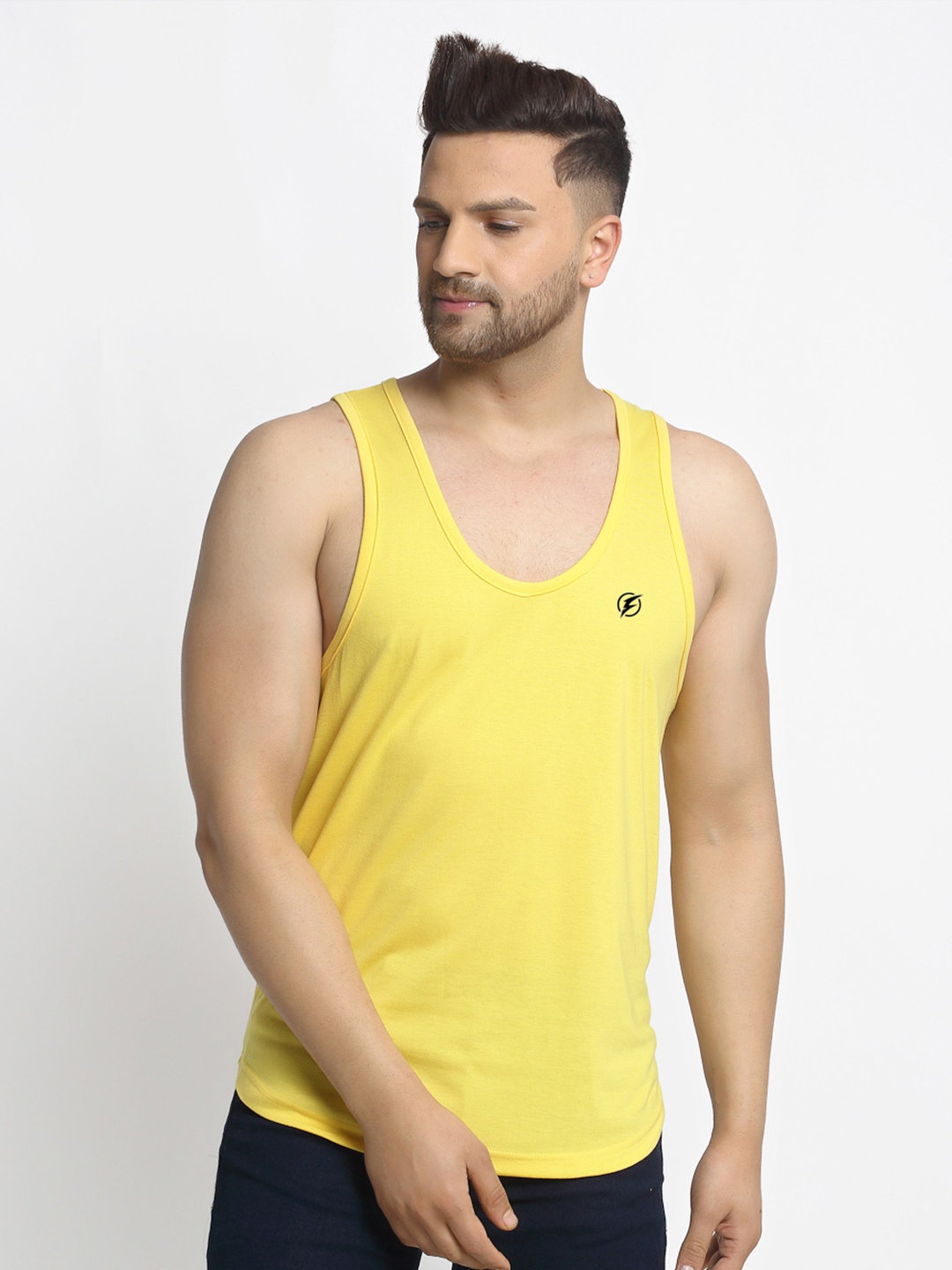 

Friskers Men Cotton Sleeveless Gym Vest, Yellow