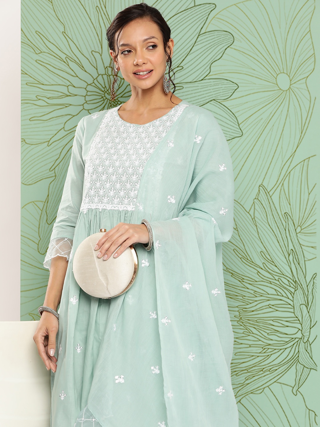 

Yufta Women Floral Embroidered Thread Work Pure Cotton Kurta with Trousers & With Dupatta, Sea green