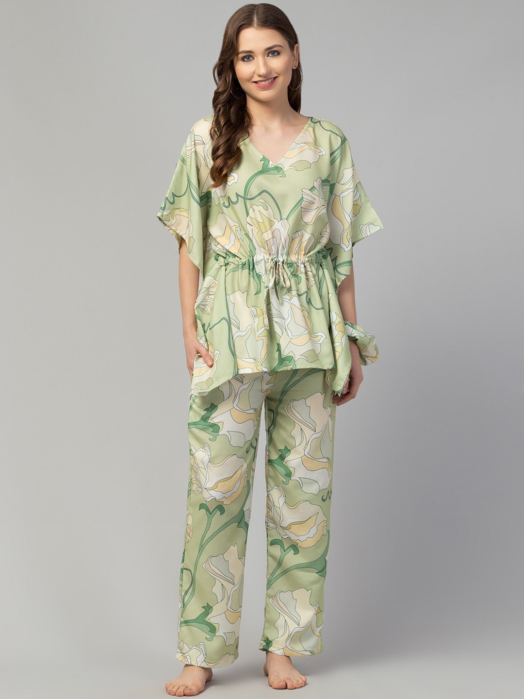 

FFLIRTYGO Floral Printed Kaftan Night Suit, Green