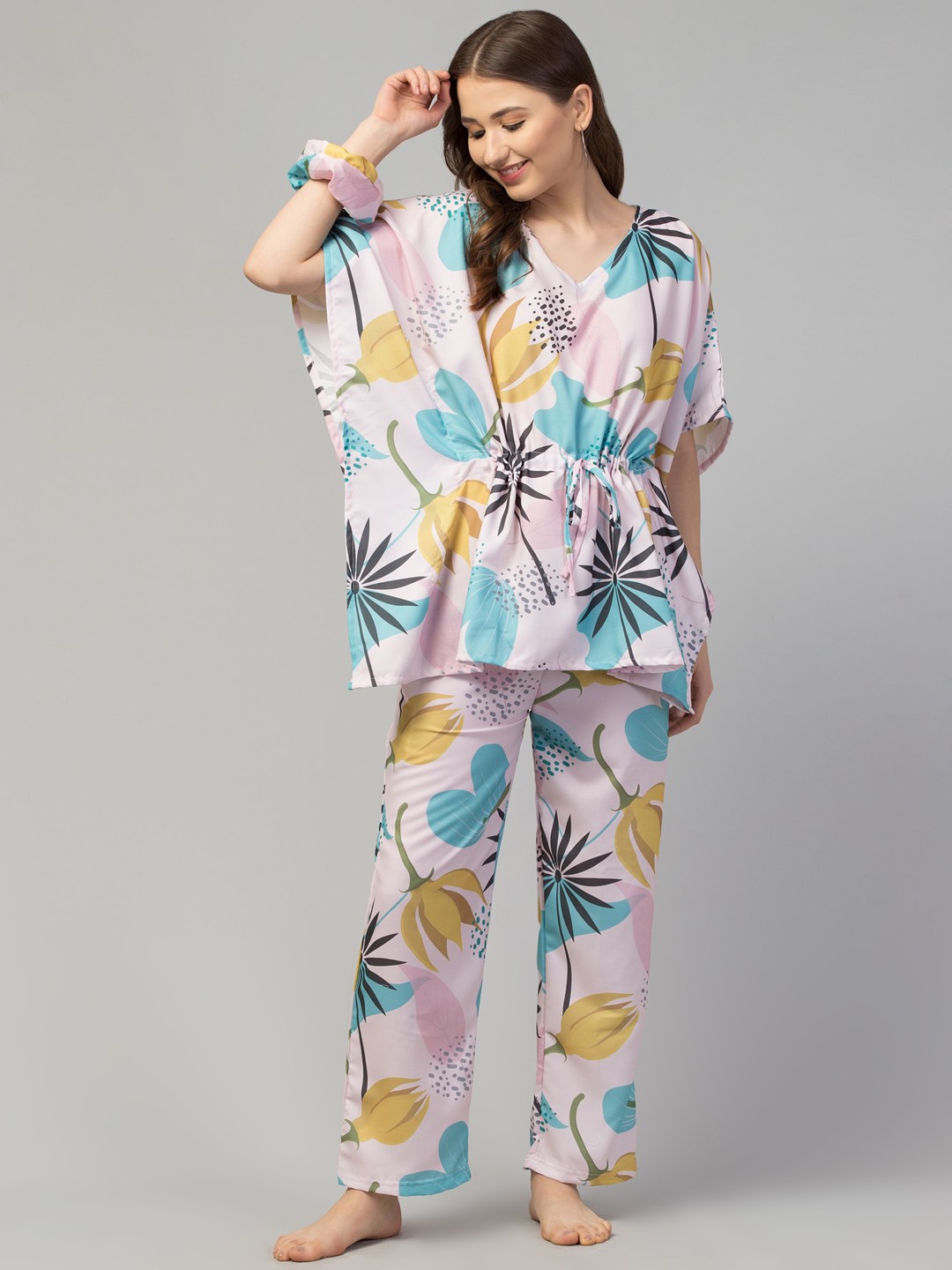 

FFLIRTYGO Floral Printed Kaftan Night Suit, Pink